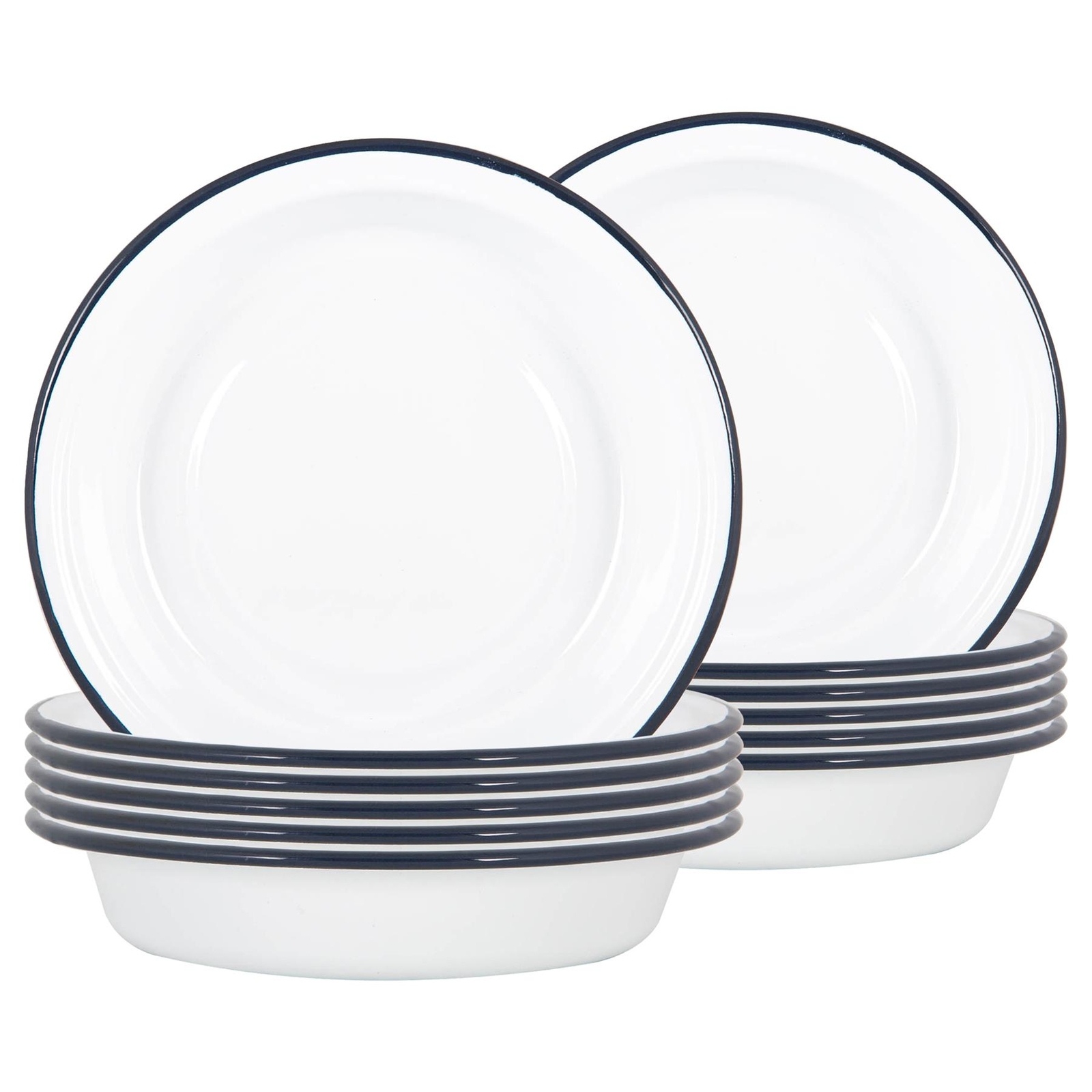 12x White Enamel Deep Bowls Metal Outdoor Camping Pie Oven Dishes 22.5cm Navy
