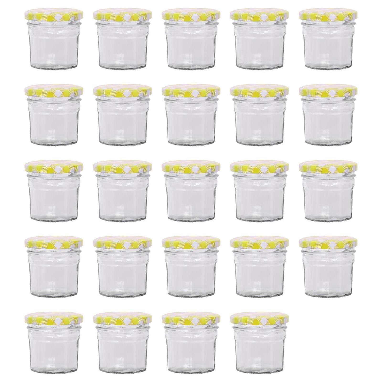 24x 90ml Glass Jam Jars with Yellow Gingham Lids Chutney Preserve Honey Storage