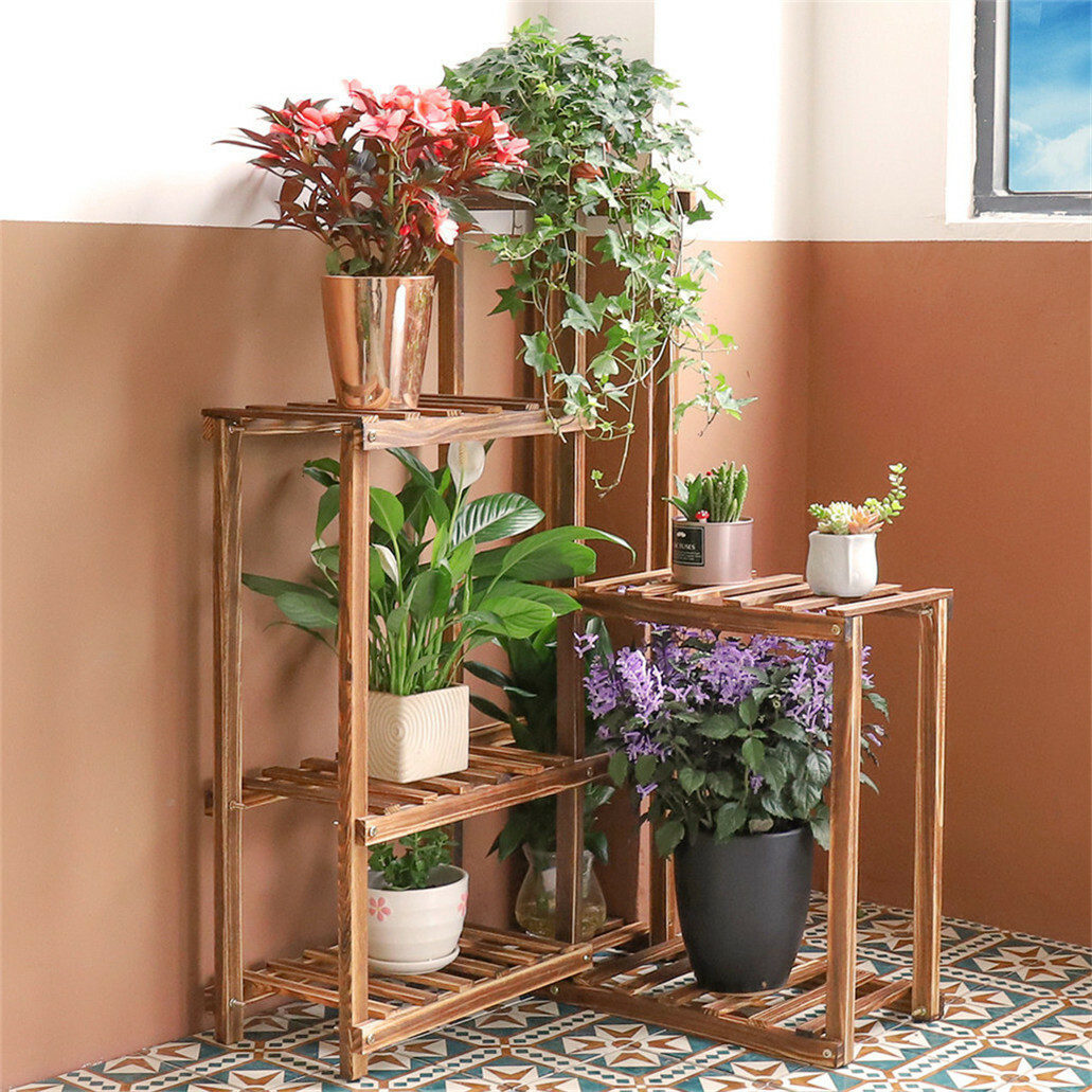 Corner Plant Stand Flower Pots Shelf Rack Wooden Shelves Home Garden Display