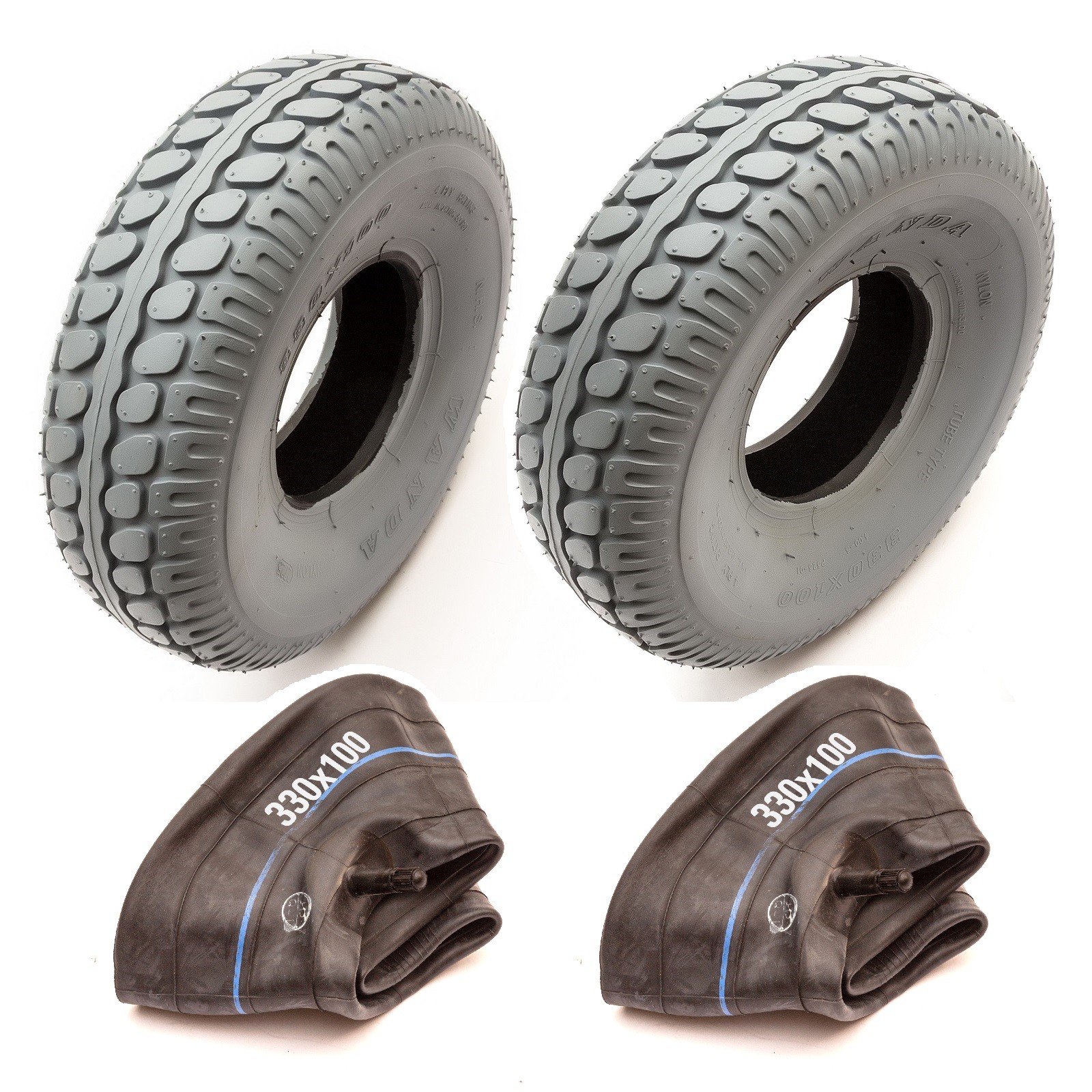2x Tyre & Tube 330x100 Mobility Scooter 4 Ply Grey Non Marking Tire 5" Wheel Rim