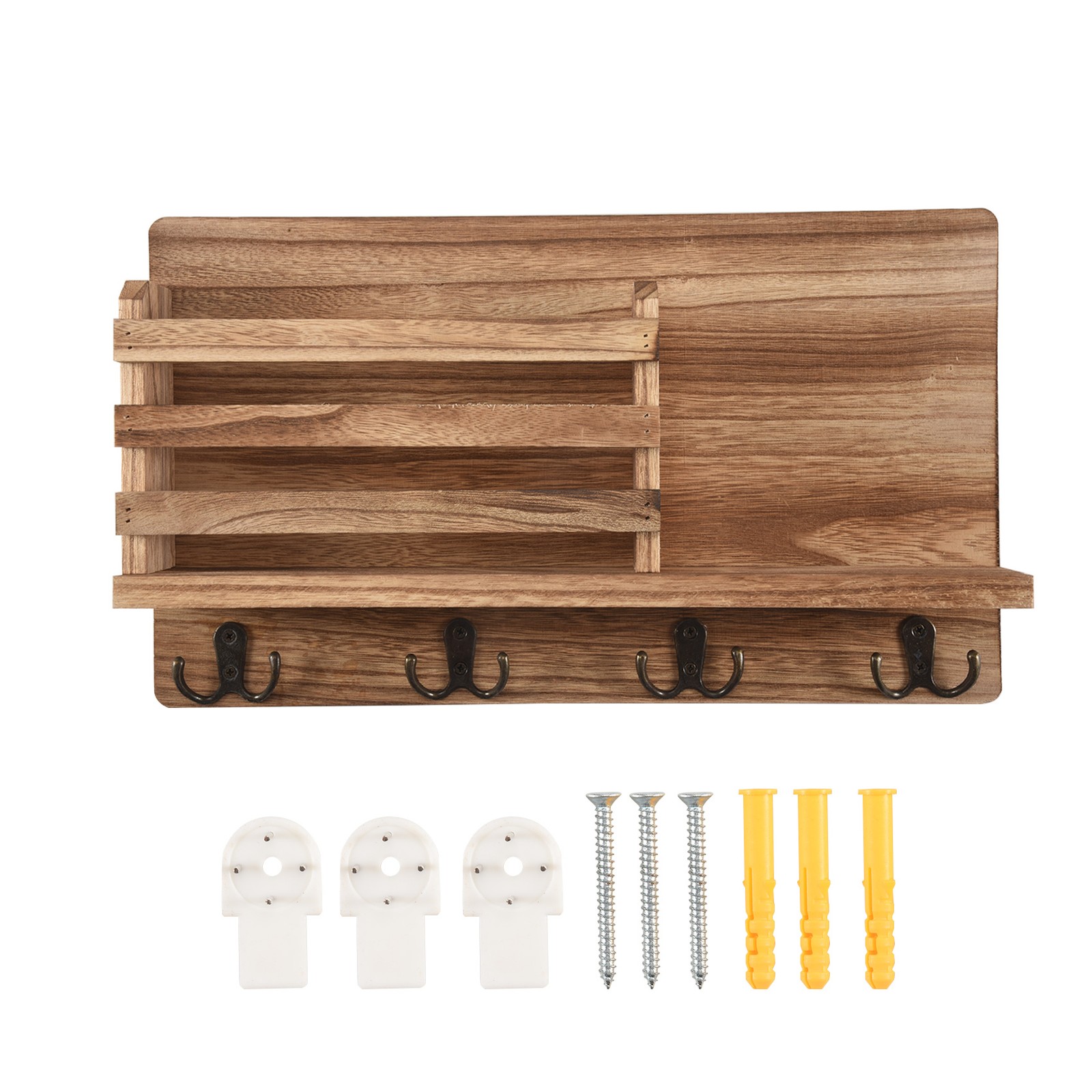 Wall Mounted Mail Holder Wooden Mail Sorter Organizer,with 4 Key Hooks1583