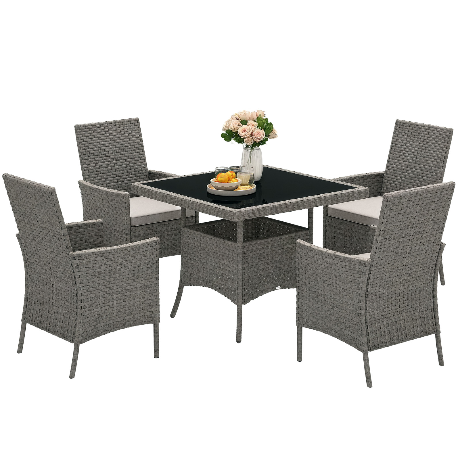 Outsunny 4 Seater Rattan Garden Furniture Set with Cushion, Grey