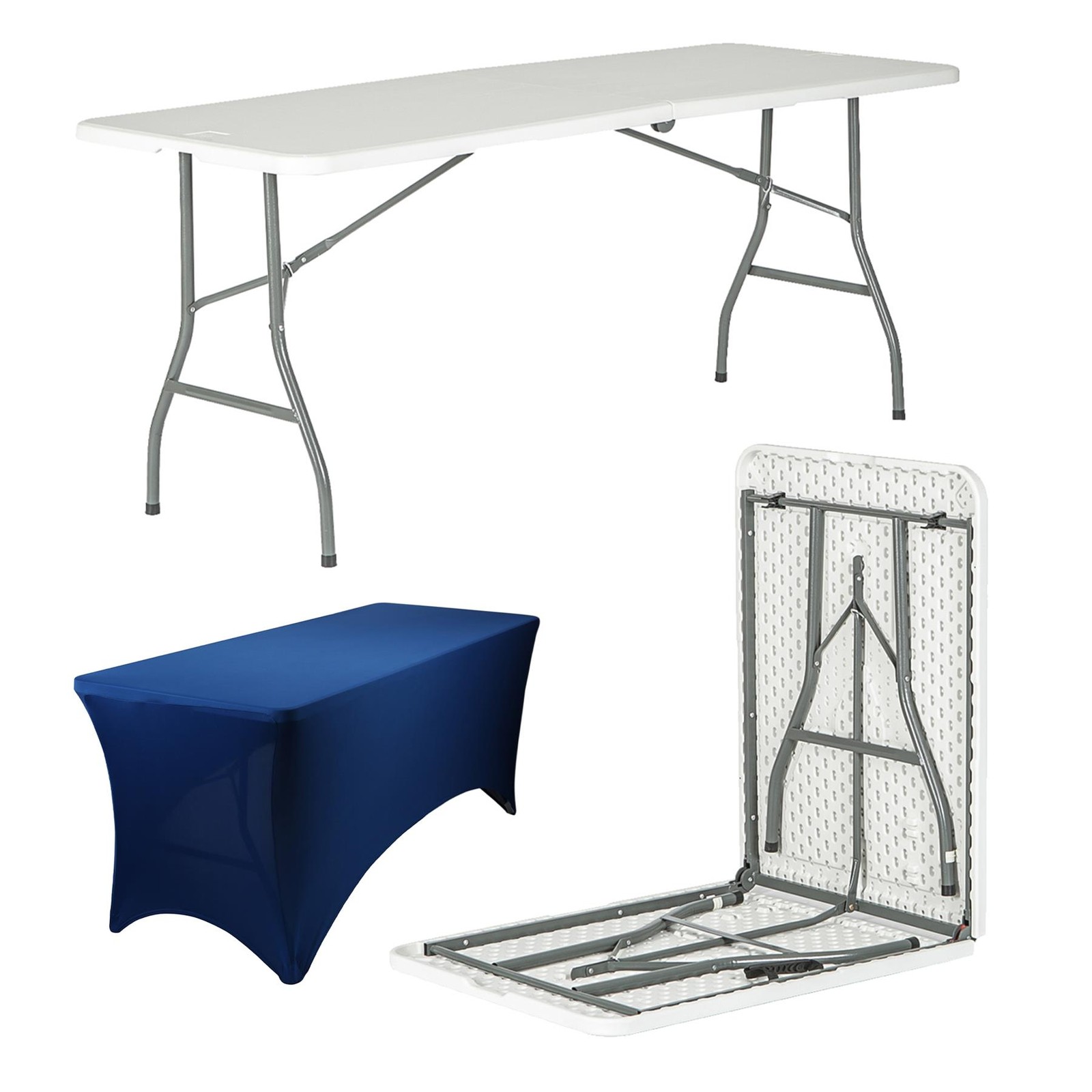 1x Folding Camping Picnic Table with Fitted Tablecloth 180cm (6ft) White/Blue