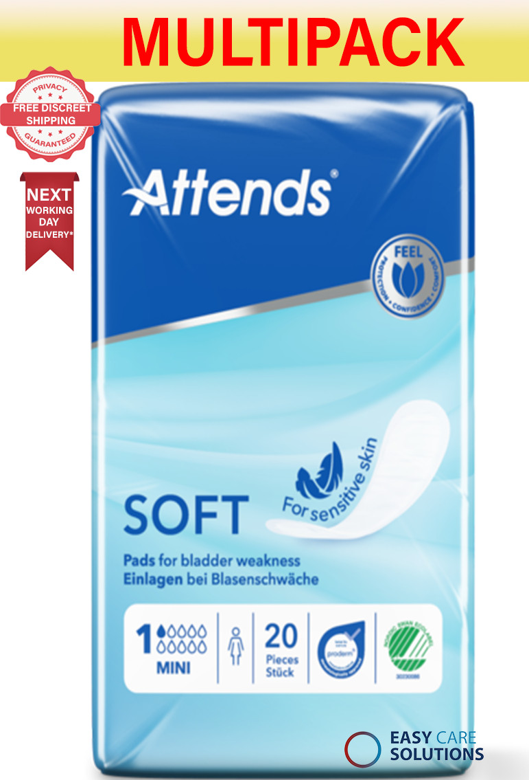 240 x Attends | Soft 1 Mini Unisex Pads | Light Absorbency| 12 Packs of 20