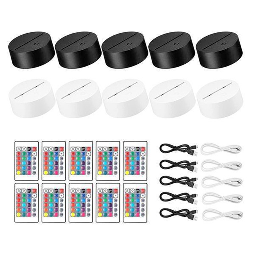 10 Pack 3D Night LED Light Lamp Base + Remote Control + USB Cable, 163662
