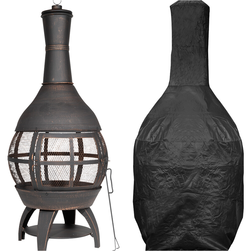 Antique Bronze 360 Degree Fire Pit Wood Burner & Cover Set - Garden Heater Mesh