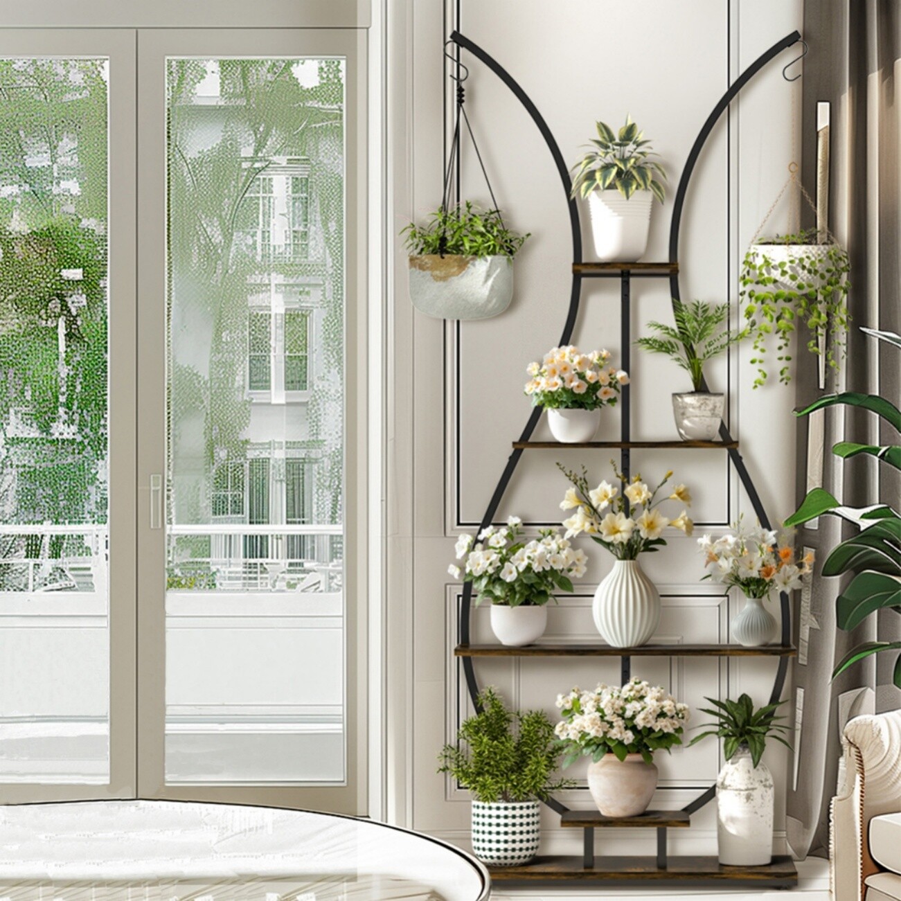 180cm Tall Industrial Plant Stand Vase Shaped Multi-Tier Rack with Hanging Hooks