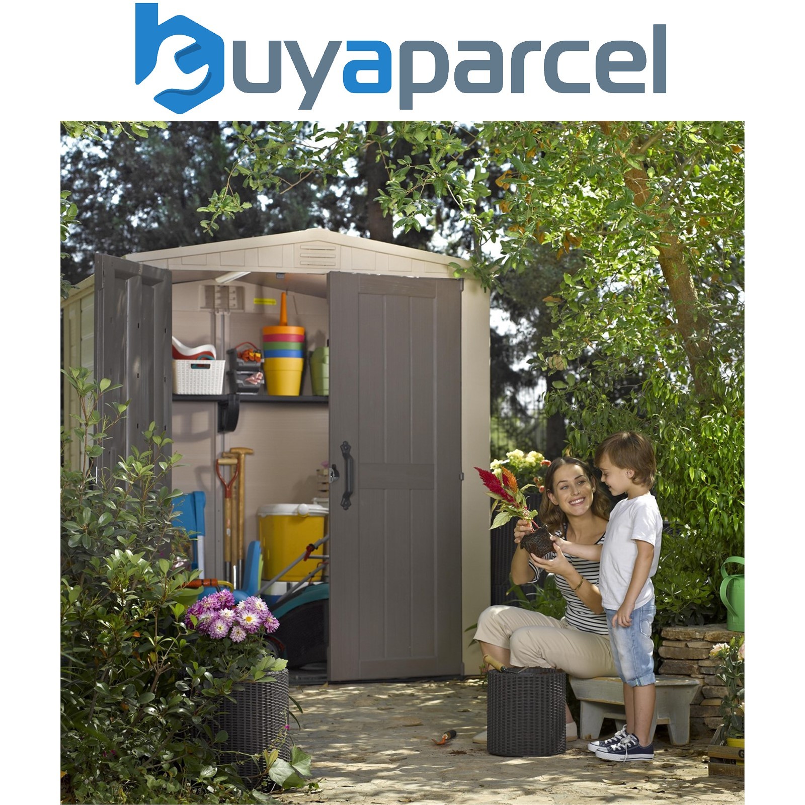 Keter Factor Beige Garden Shed 6 x 6 ft Apex Outdoor Storage Wood Effect Resin