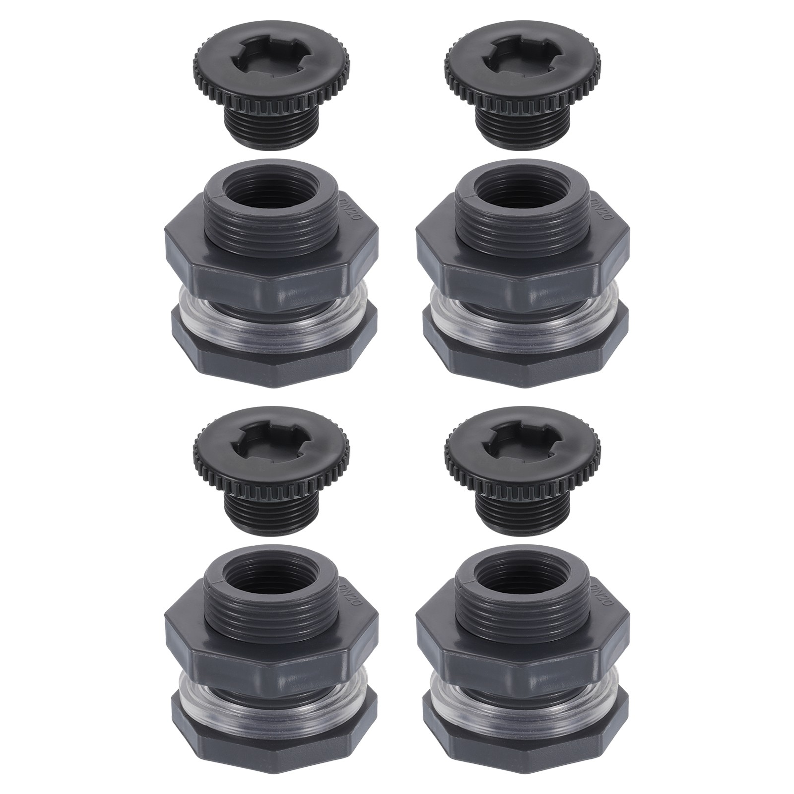 4 Pcs Bulkhead Fitting with Plug, 3/4" NPT Bulkhead Water Tank Connector, Grey