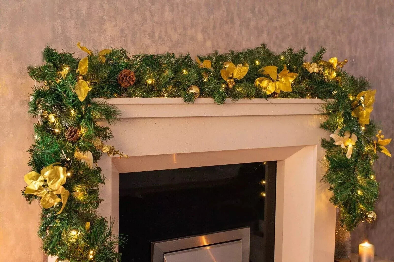 Christmas Light Up Garland Warm White LED Luxury 9ft Artificial Gold Poinsettia