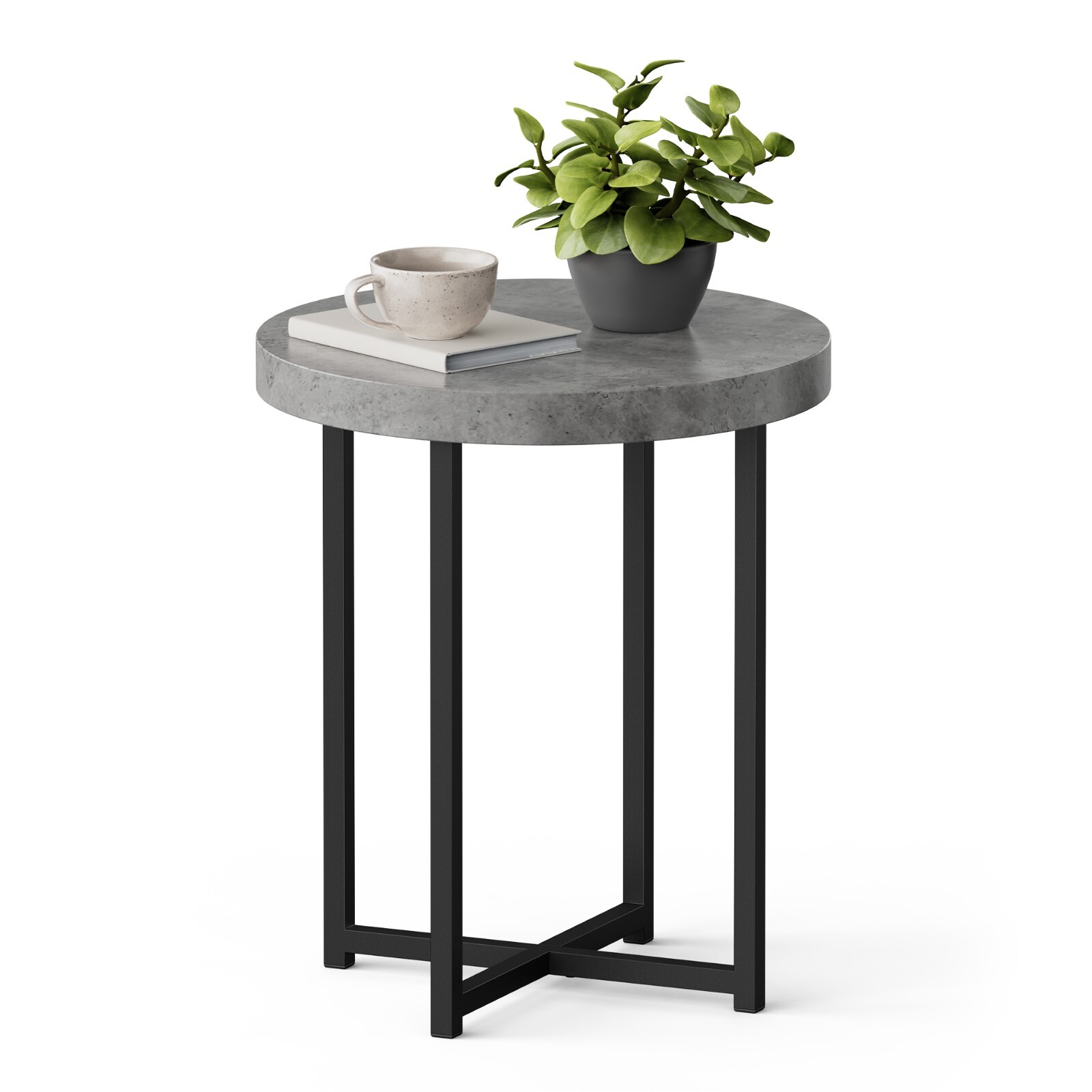 Round Grey Concrete Effect Side Table for Living Room, VonHaus
