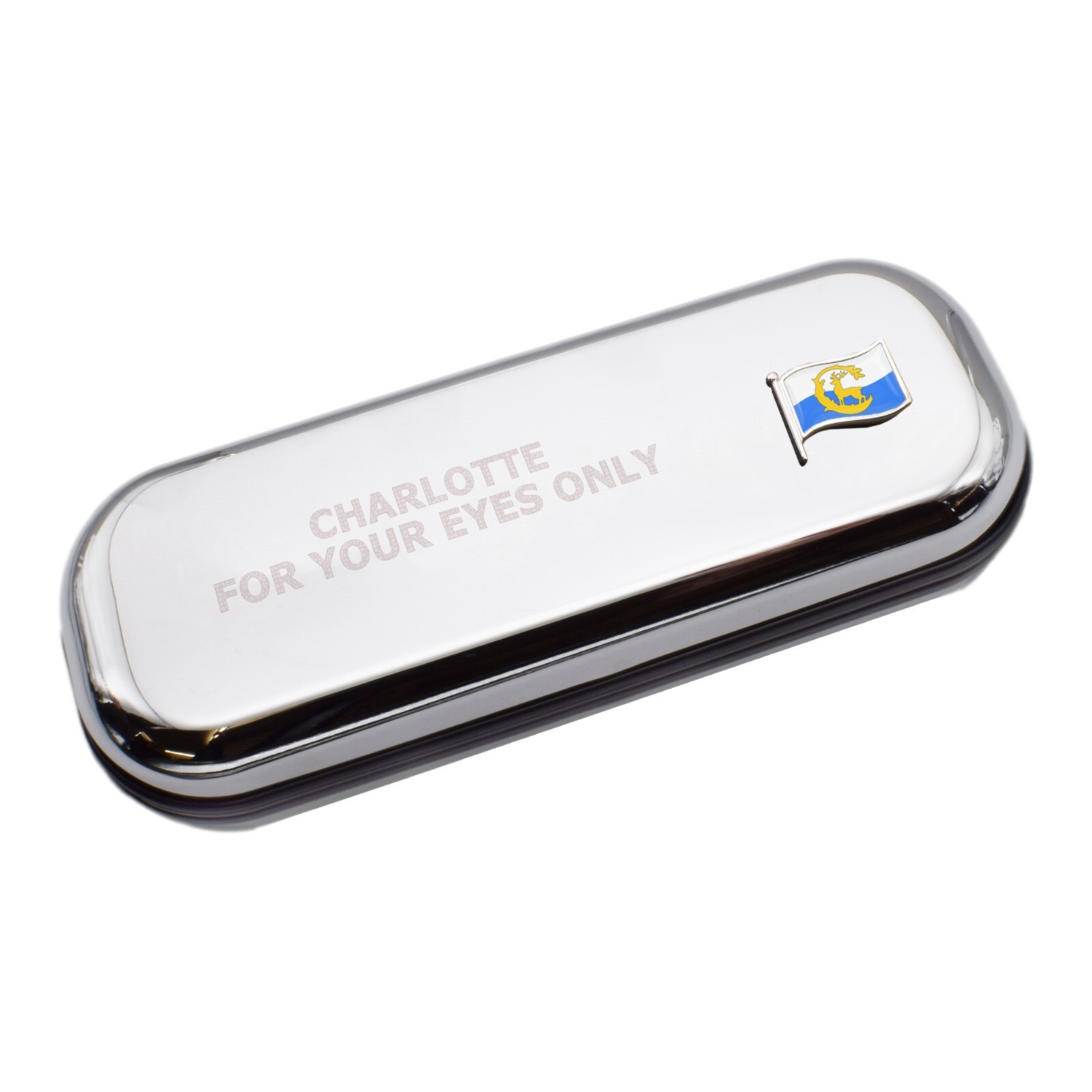 Berkshire Wave Flag & Engraved With Message Chromed Glasses Case Box