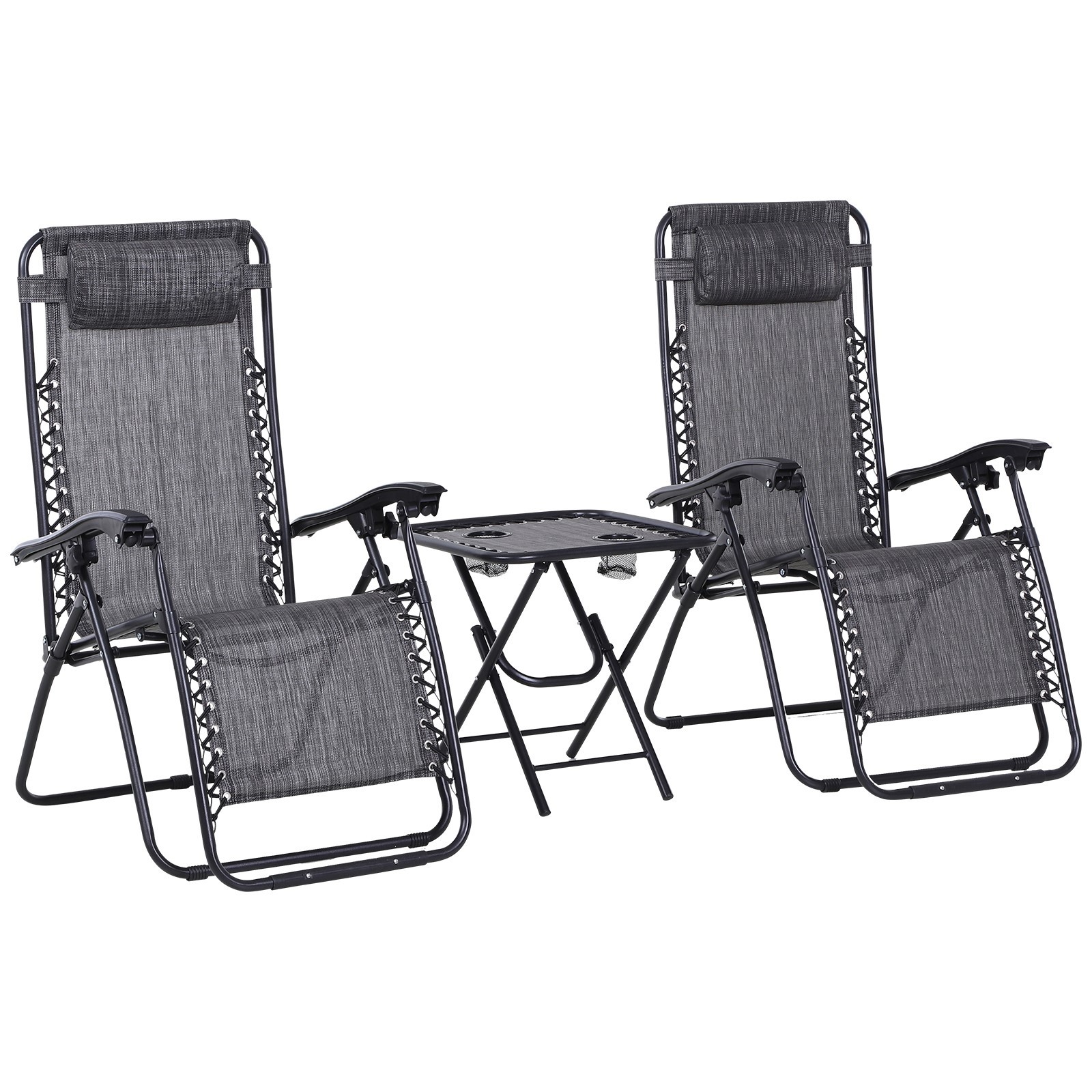 Outsunny 3PC Zero Gravity Chairs Sun Lounger Table Set W/ Cup Holders Light Grey