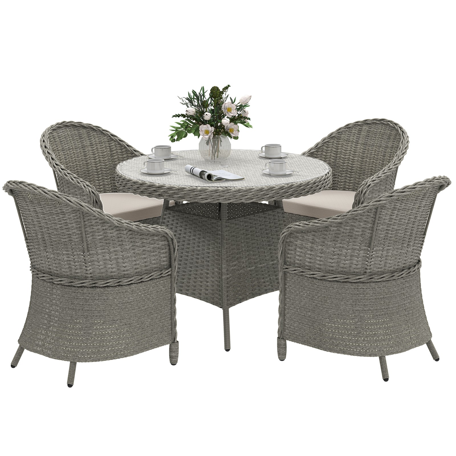 Outsunny Rattan Dining Set for 4 with Cushions and Umbrella Hole, Grey