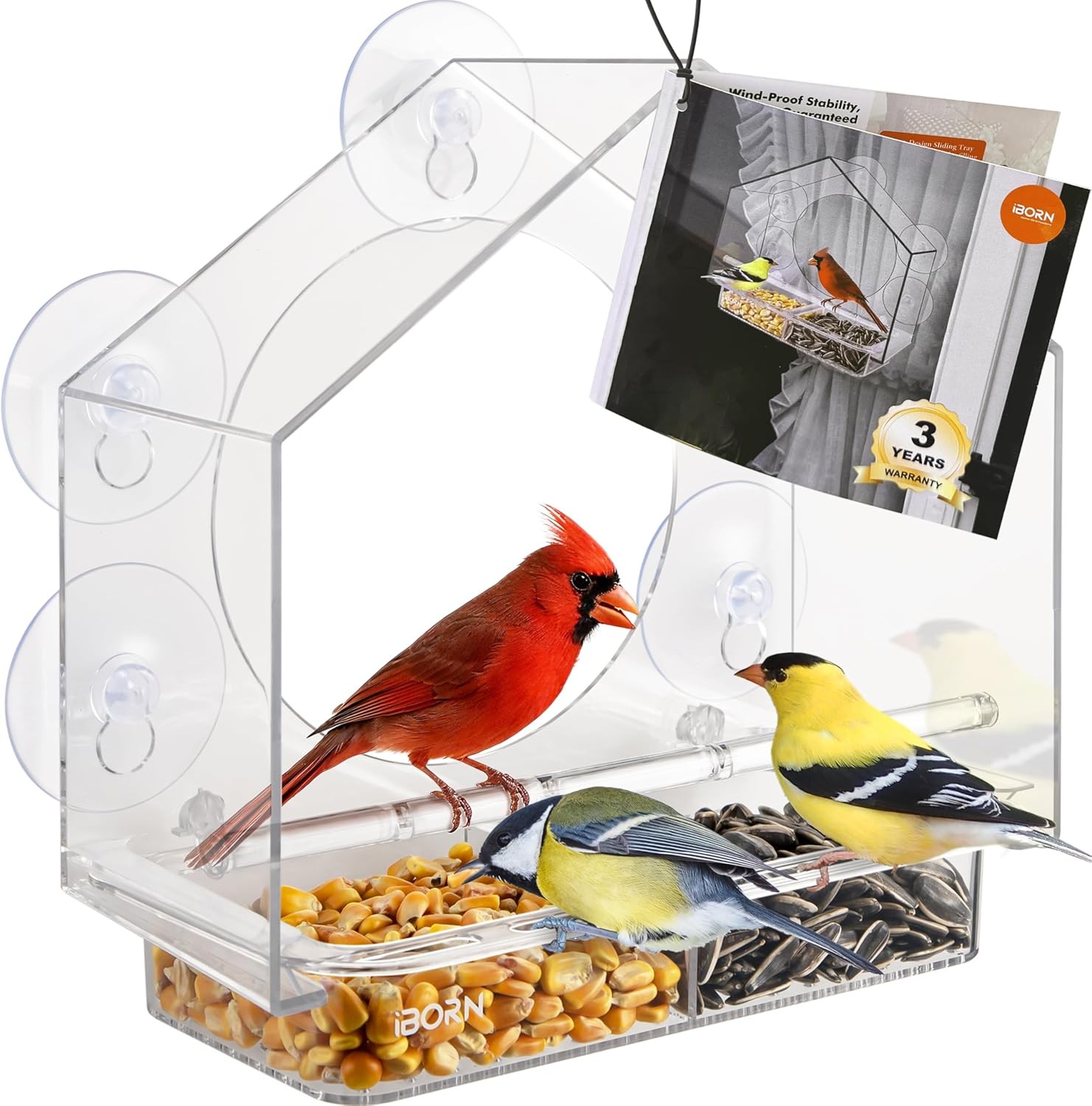iBorn 2026 New Window Bird Feeders for Outdoors Wind-Proof Tray Lock,Cardinal B