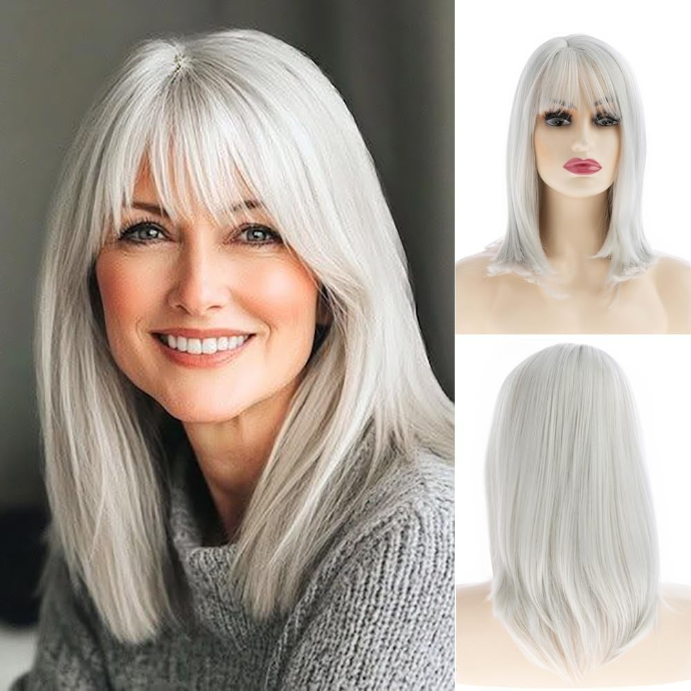Long Silver Wigs for Women Natural Straight Silver Wig with Bangs,Synthetic Hai