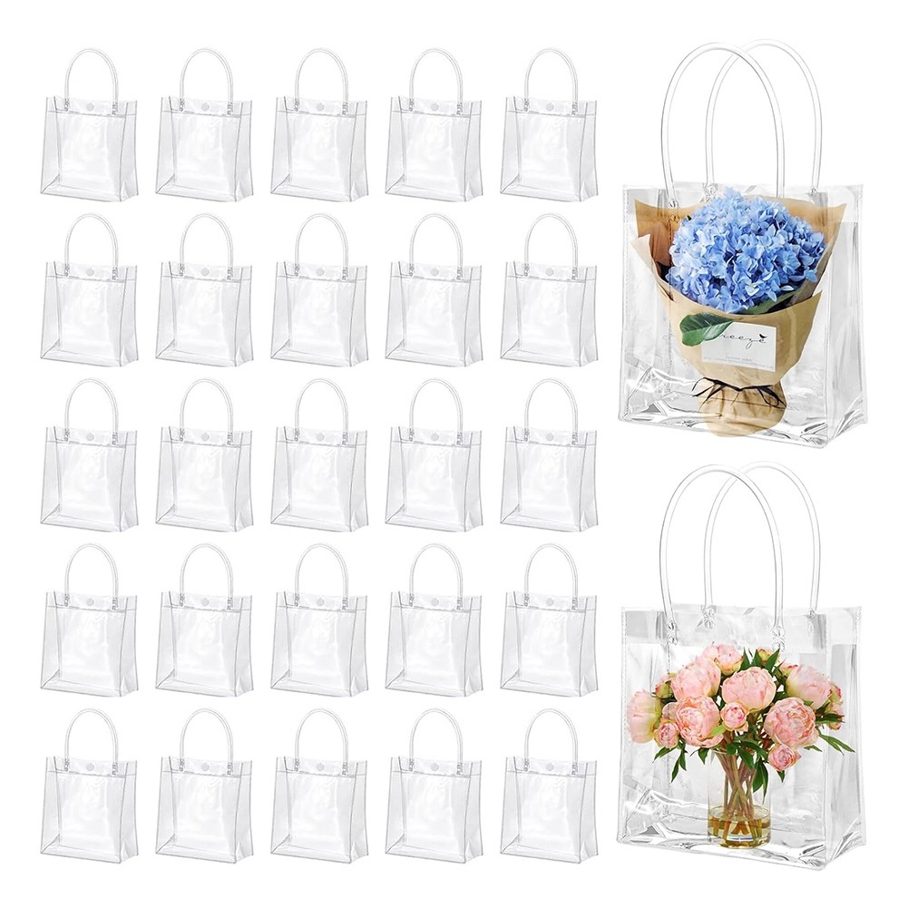 50 Pcs Clear Gift Bags with Handles Plastic Gift Bags Transparent Reusable9260