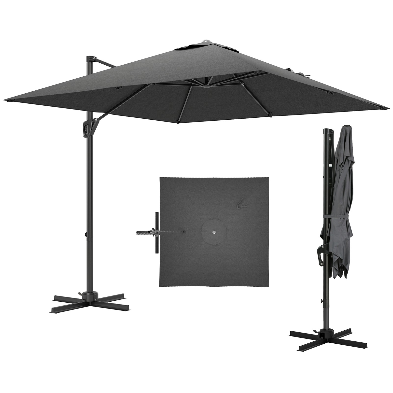 Outsunny Square Cantilever Roma Parasol 360 Degree Rotation Crank, Dark Grey