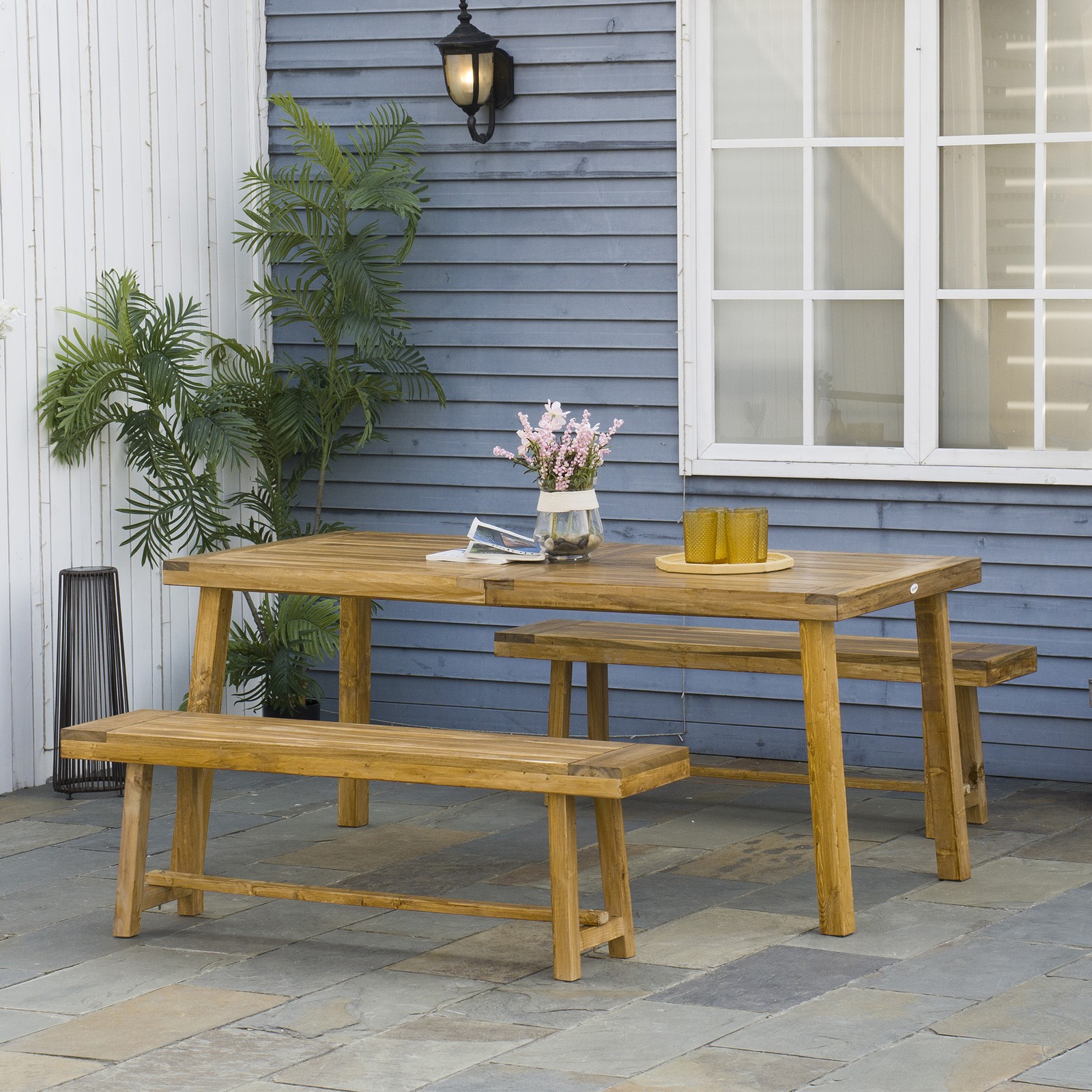3 Pieces Garden Dining Set Acacia Wood Table and Loveseats, Natural Wood Finish