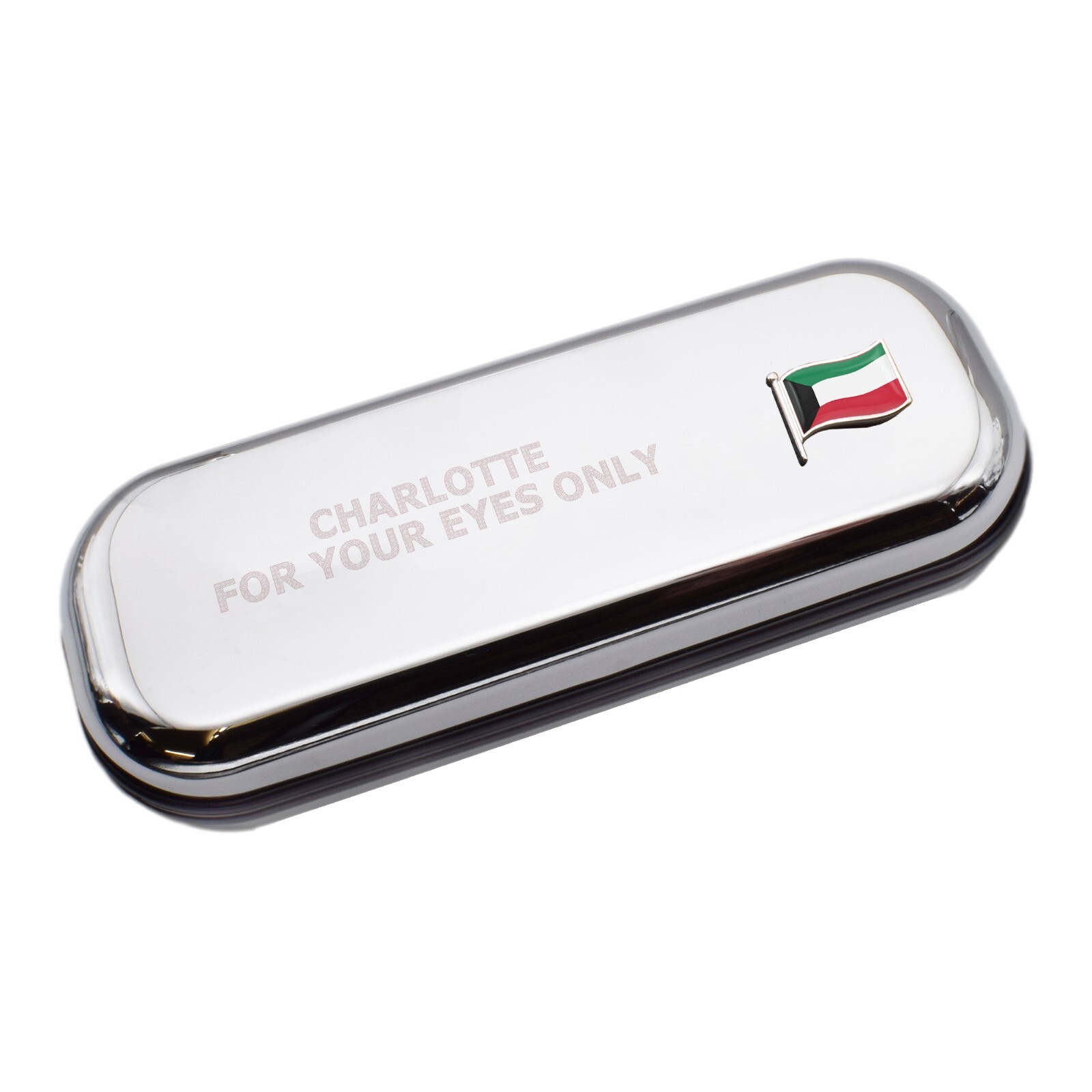 Kuwait Wave Flag & Engraved With Message Chromed Glasses Case Box
