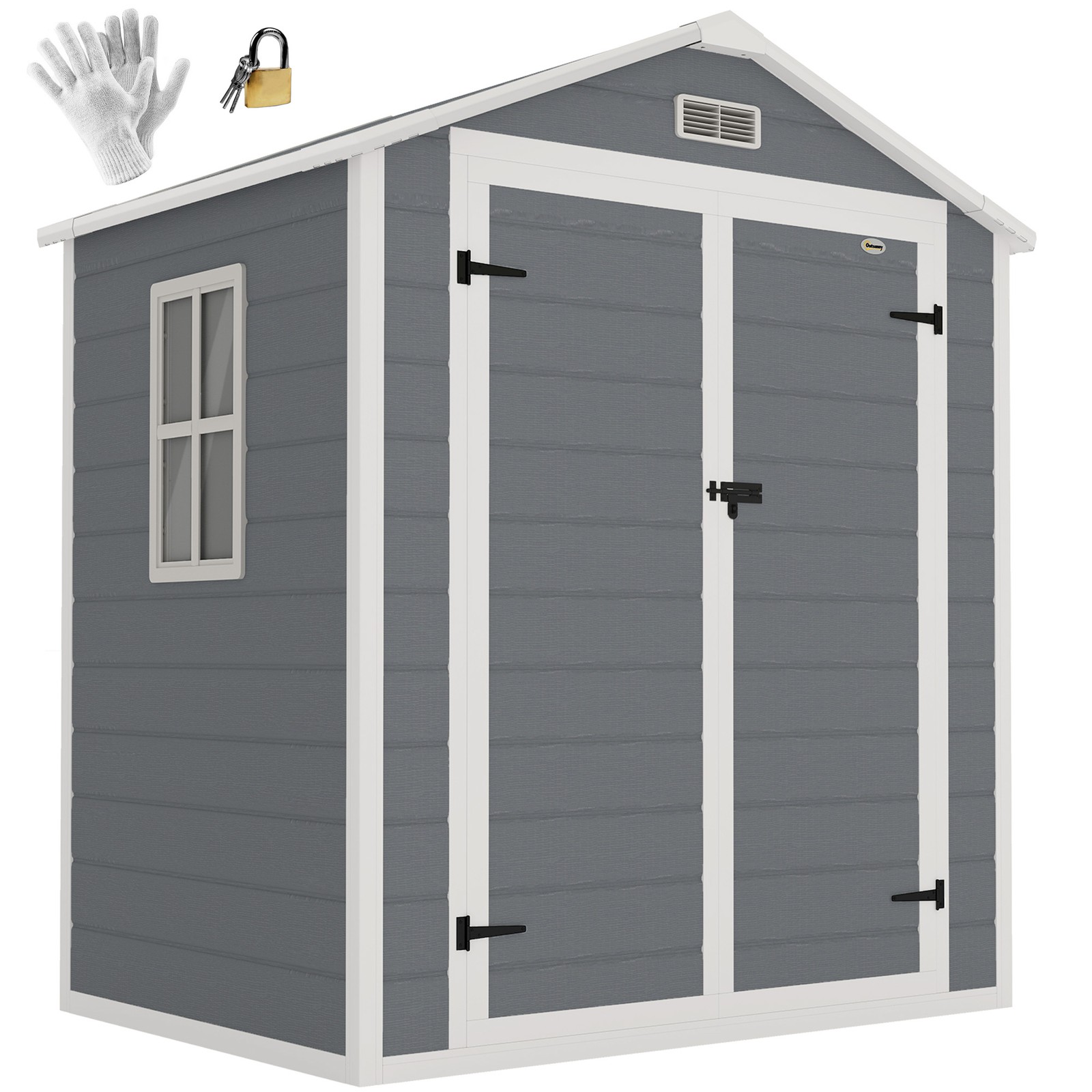 Outsunny Garden Shed 6'x4.5' Plastic Tool Storage House w/ Lockable Double Doors