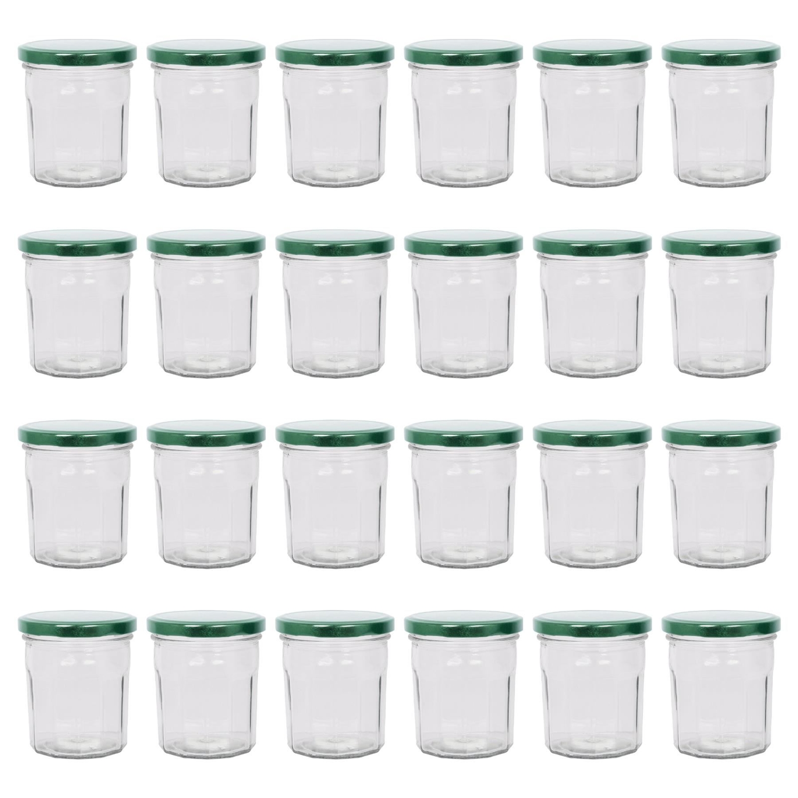 24x 250ml Glass Jam Jars with Green Lids Chutney Preserve Honey Pickle Storage
