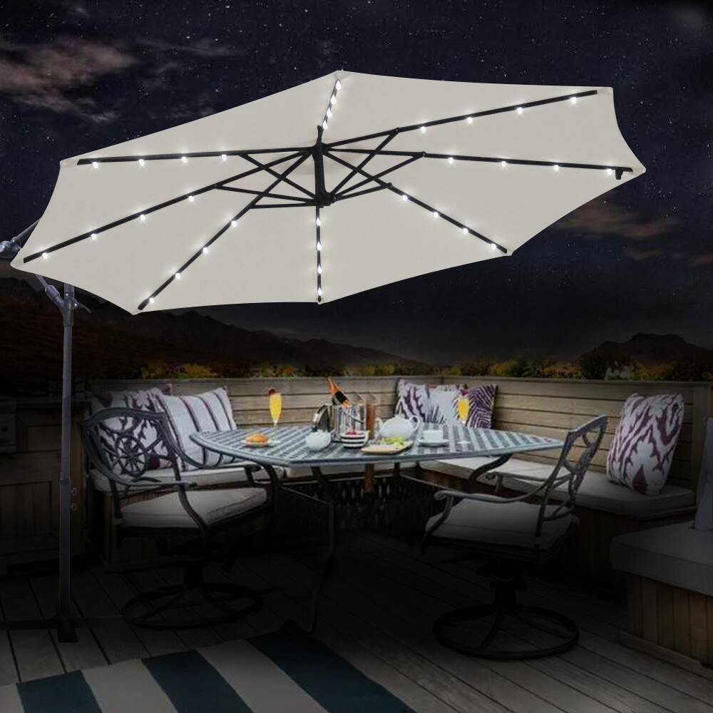 3M LED Garden Hanging Parasol Sun Shade Patio Banana Umbrella Cantilever Cream