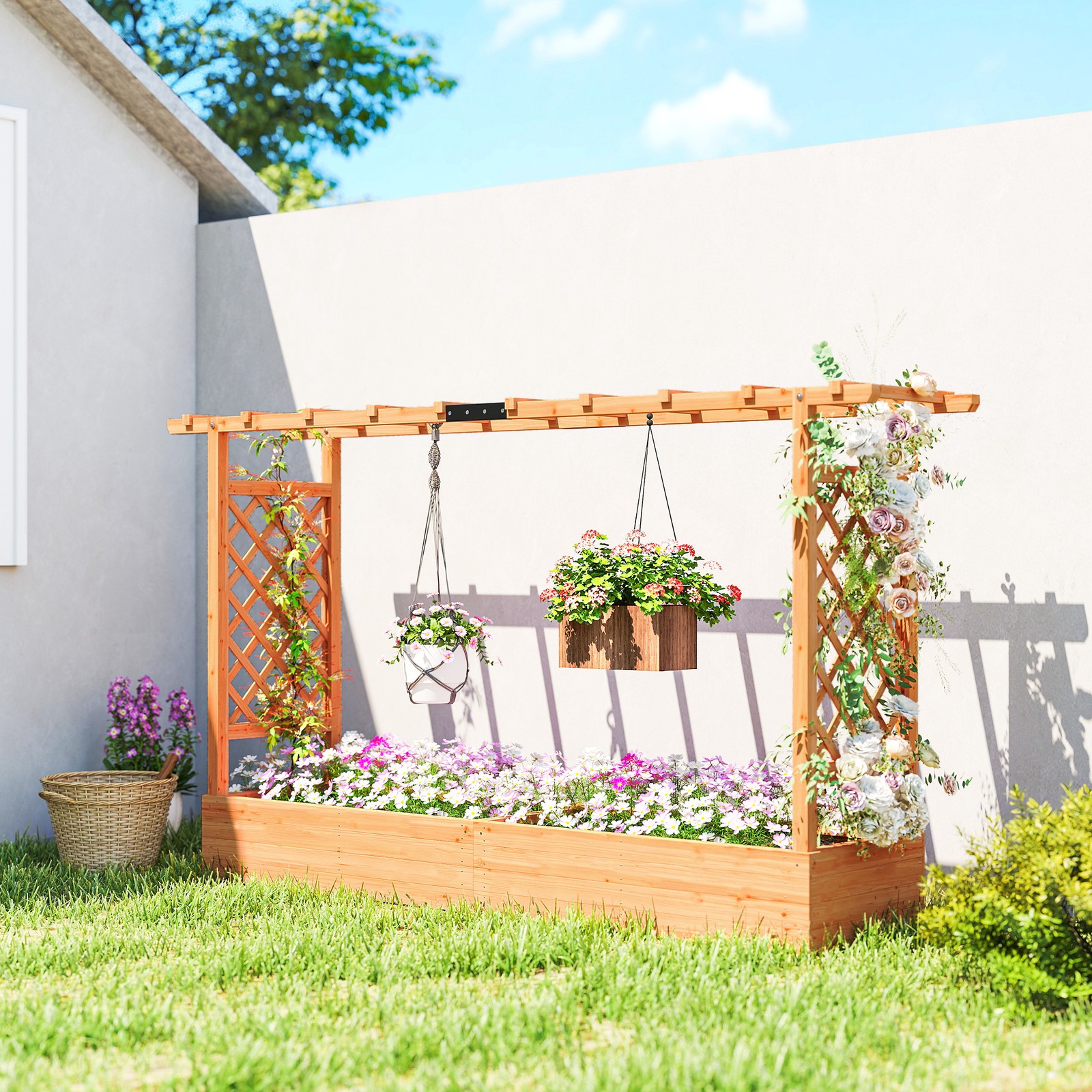 Wooden Planter with Trellis and Drainage Holes, 200 x 44 x 113.5 cm, Natural