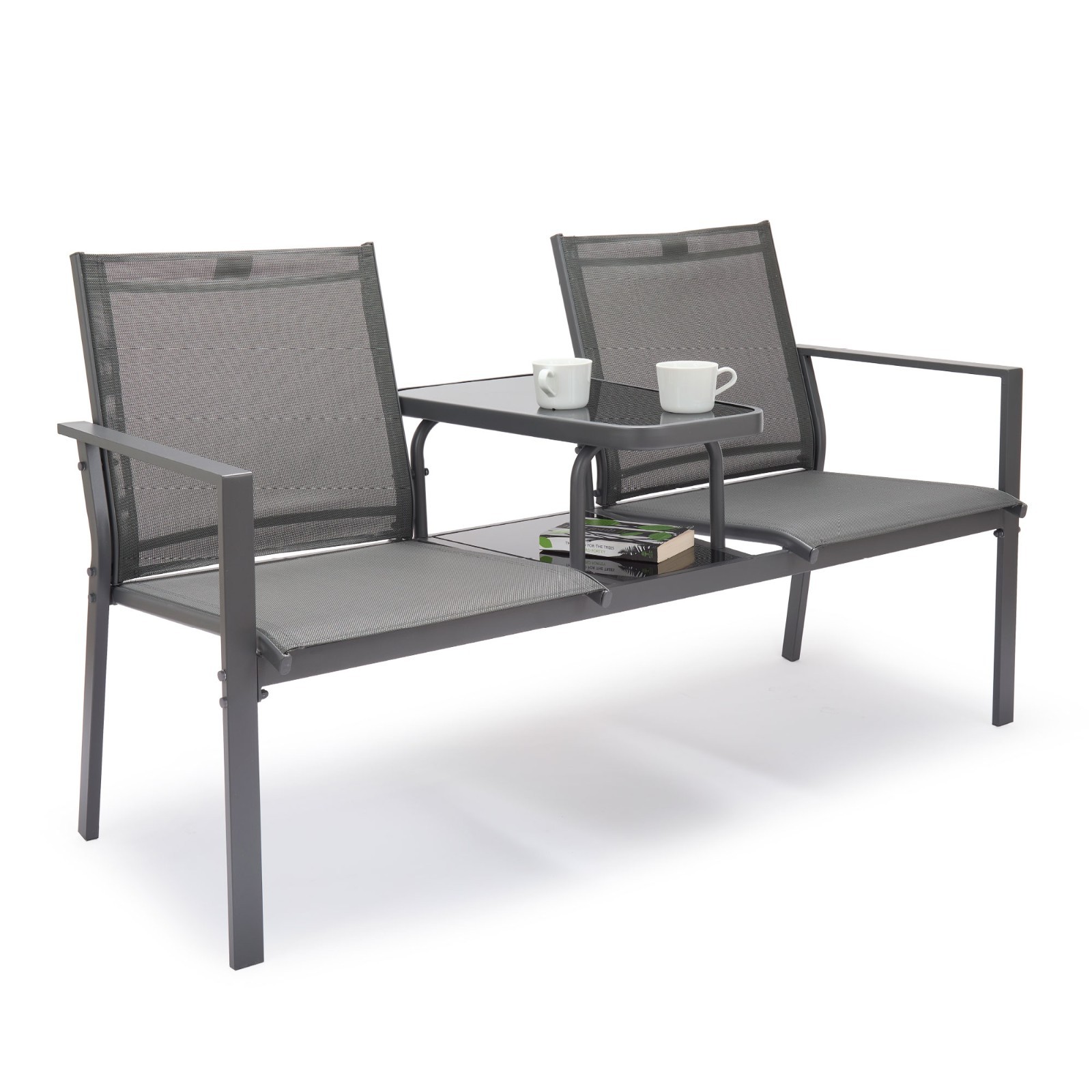 Love Seat for Garden, Grey Textilene Jack & Jill Loveseat, Vonhaus