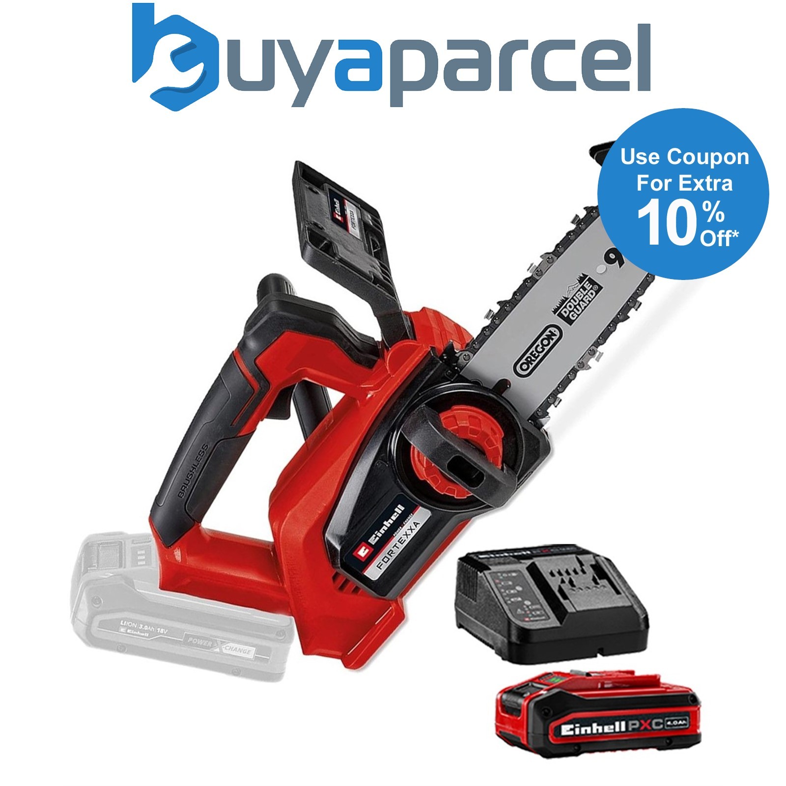 Einhell PXC 18v Cordless Brushless Chainsaw 20cm FORTEXXA Top Handle + 4AH Kit
