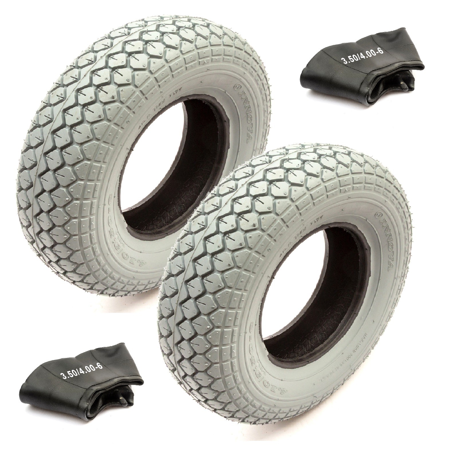 2x Mobility Scooter Pneumatic Tyre 4.10/3.50-6 & Inner Tubes Block Tread Grey