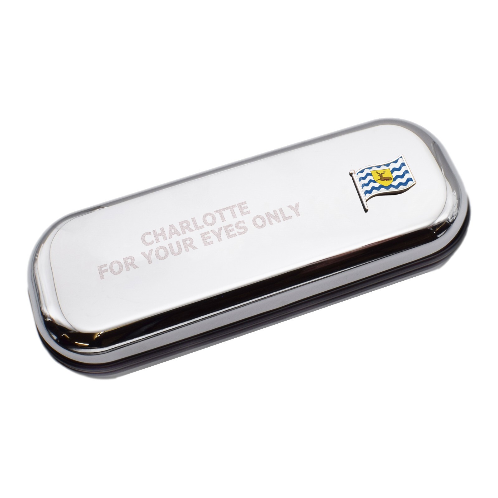 Hertfordshire Wave Flag & Engraved With Message Chromed Glasses Case Box
