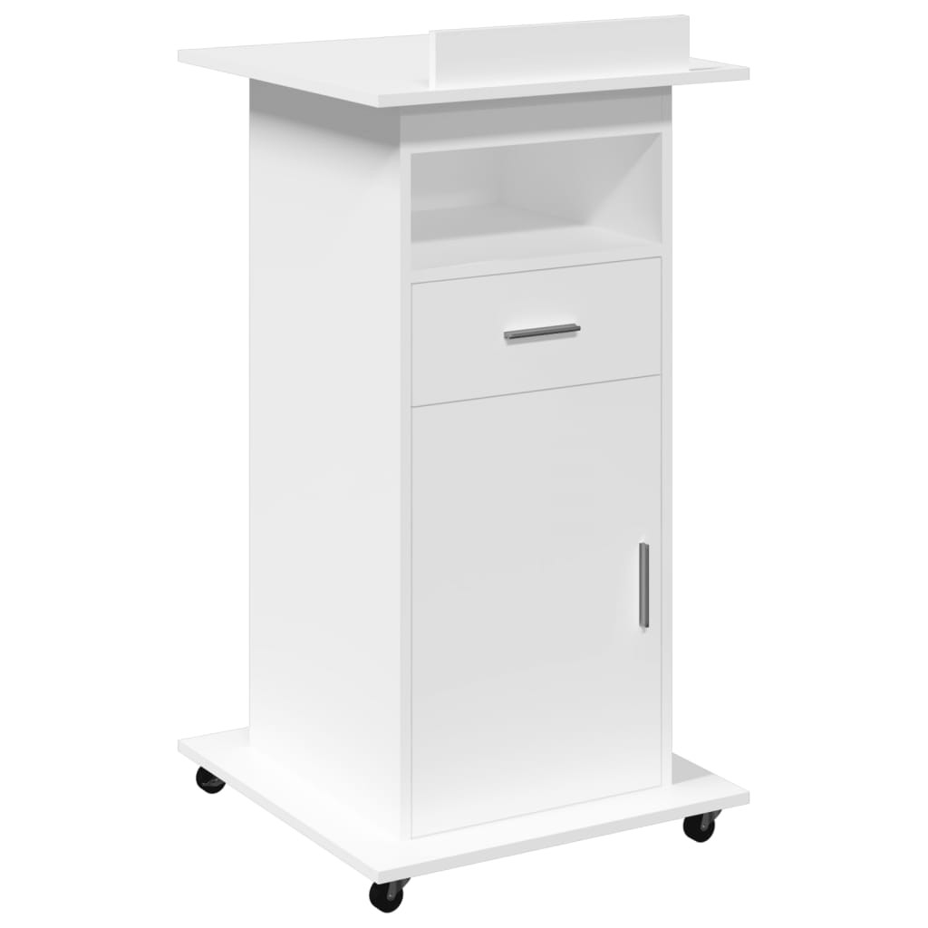 Lectern with Wheels & Drawer Podium Stand Pulpit White Engineered Wood vidaXL