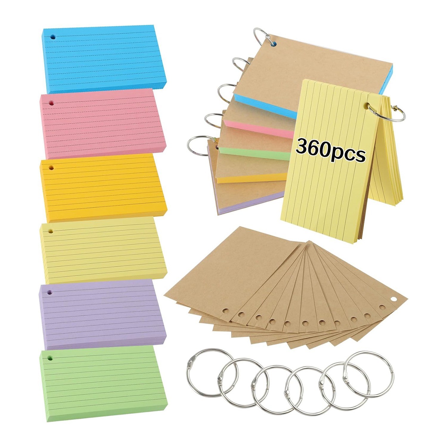Flash Cards,600 PCS Multicolor Index Cards Revision Cards with 6 Binder7439