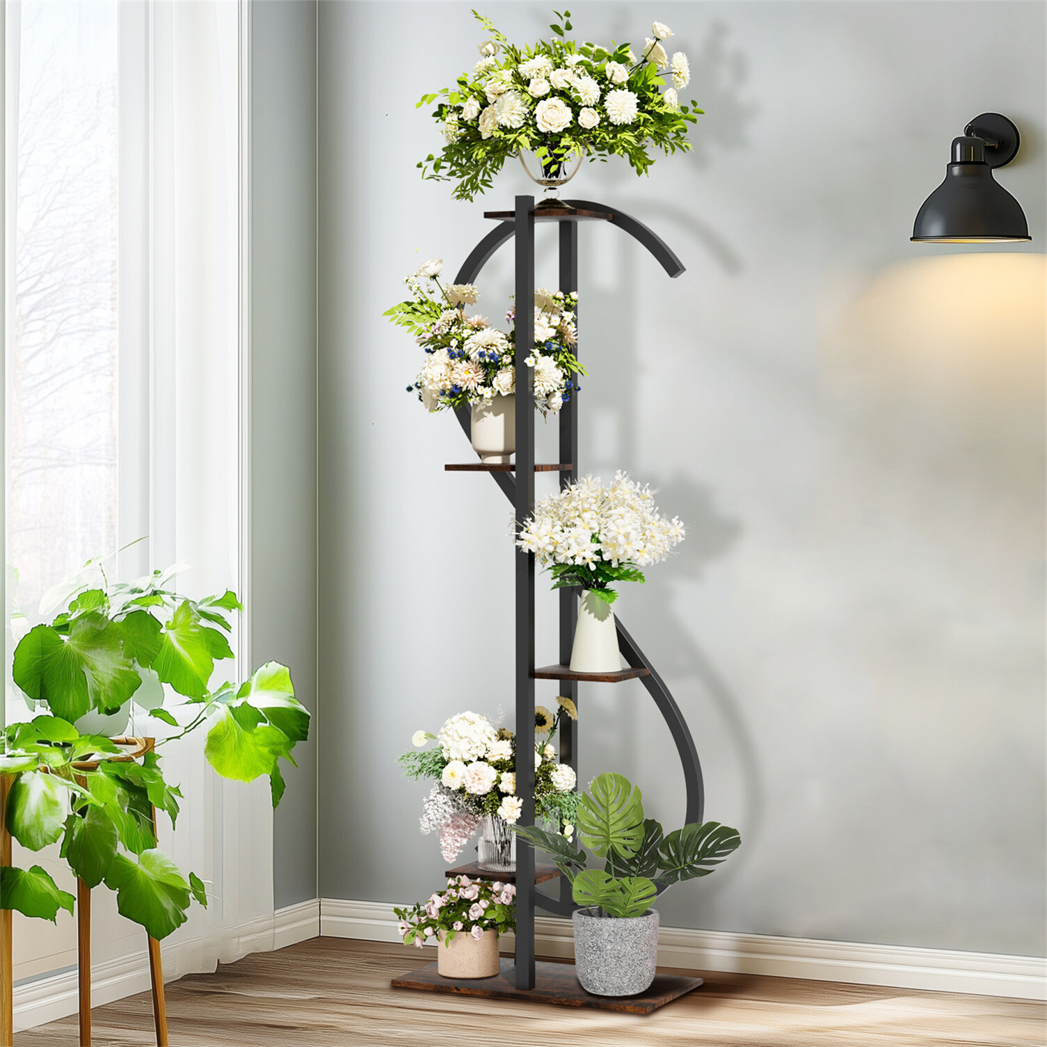 5 Tier Wood Tall Plant Stand Metal Rack Display Rack Patio Living Room Balcony