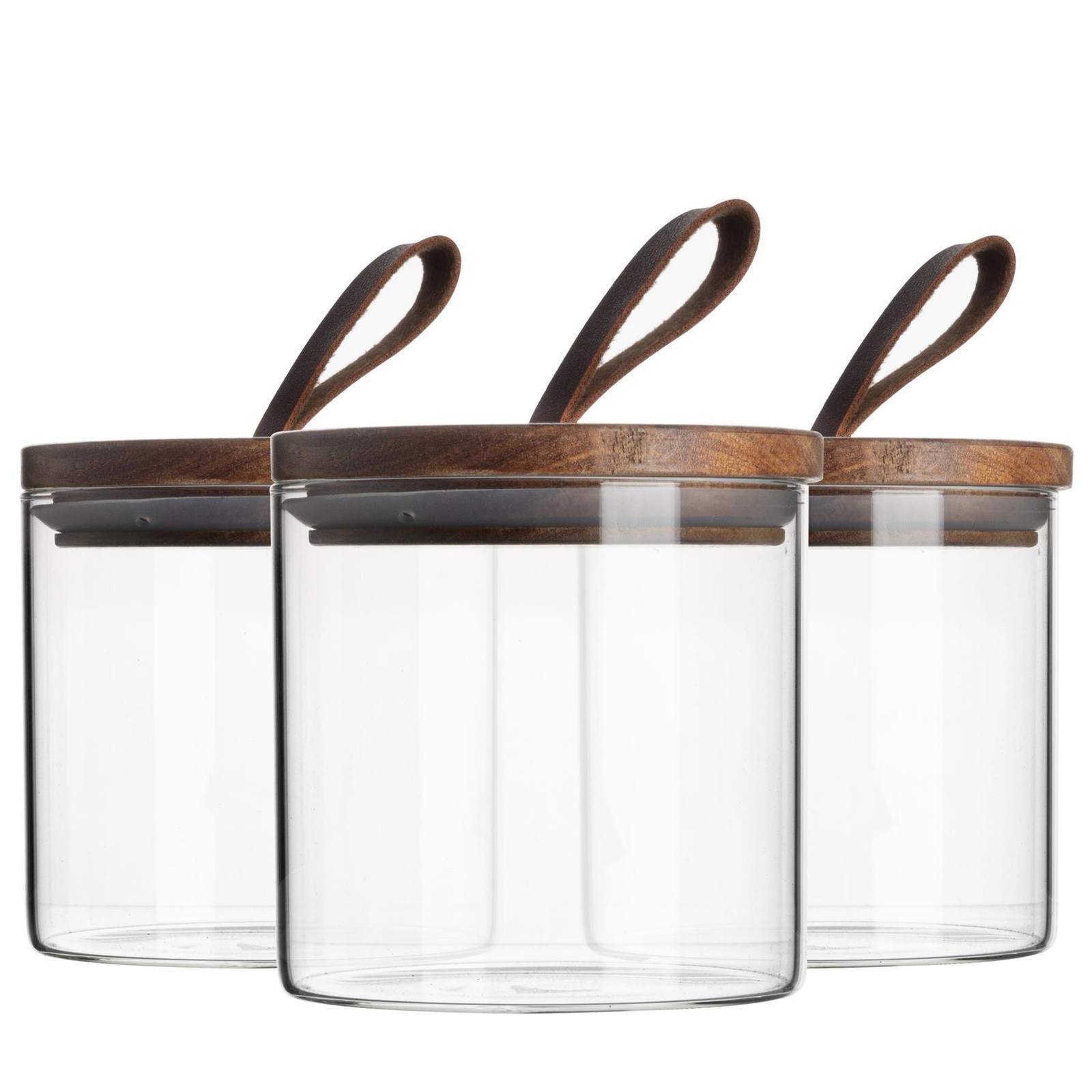 6x Scandi Storage Jar & Leather Loop Lid Kitchen Container 550ml Clear