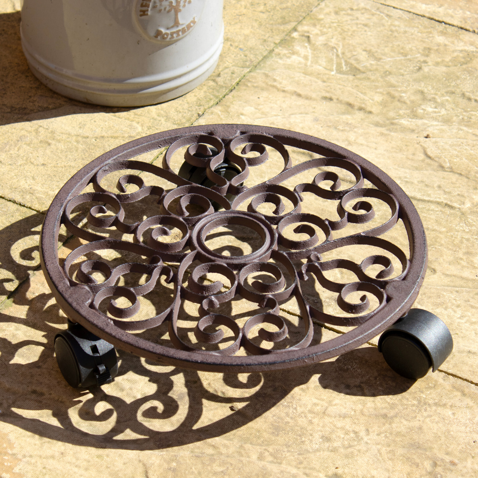 Cast Iron Round 29cm Plant Pot Mover Trolley Stand with Wheels Indoor Home Decor