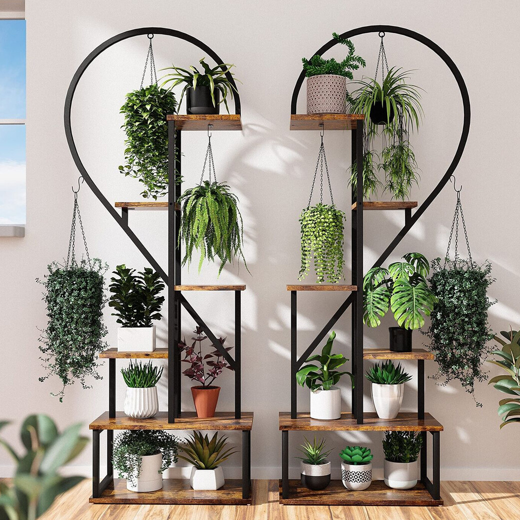 6-Tier Tall Wooden Plant Stand Rack Curved Half Moon Shape Ladder Planter Shelf