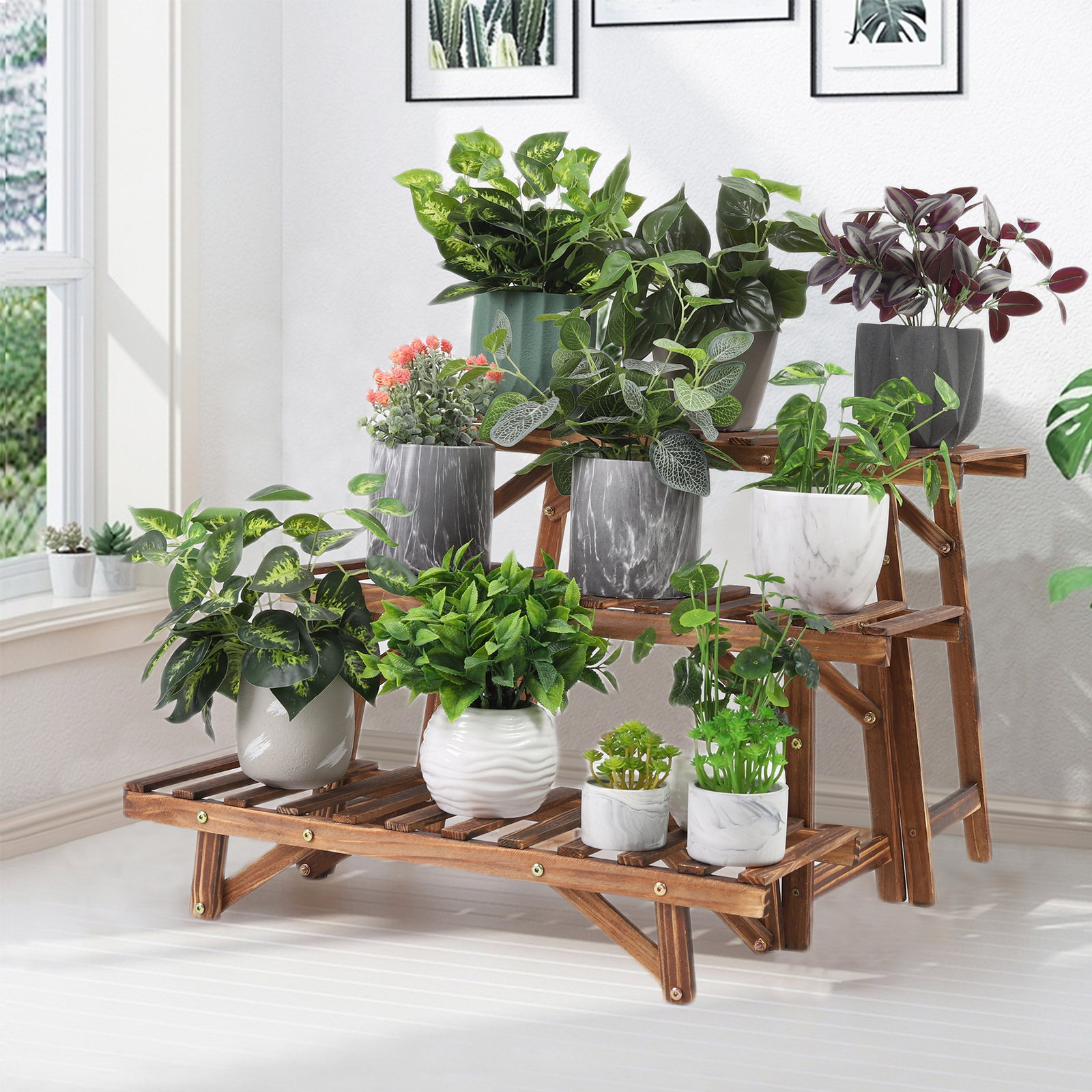 3 in 1 Wood Plant Stand Ladder Plant Shelf Freestanding Flower Pot Display Rack