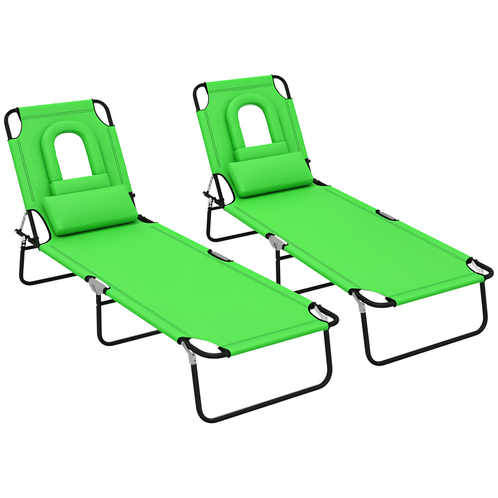 Outsunny Folding Sun Lounger Set of 2 Reclining Chair with Reading Hole Green