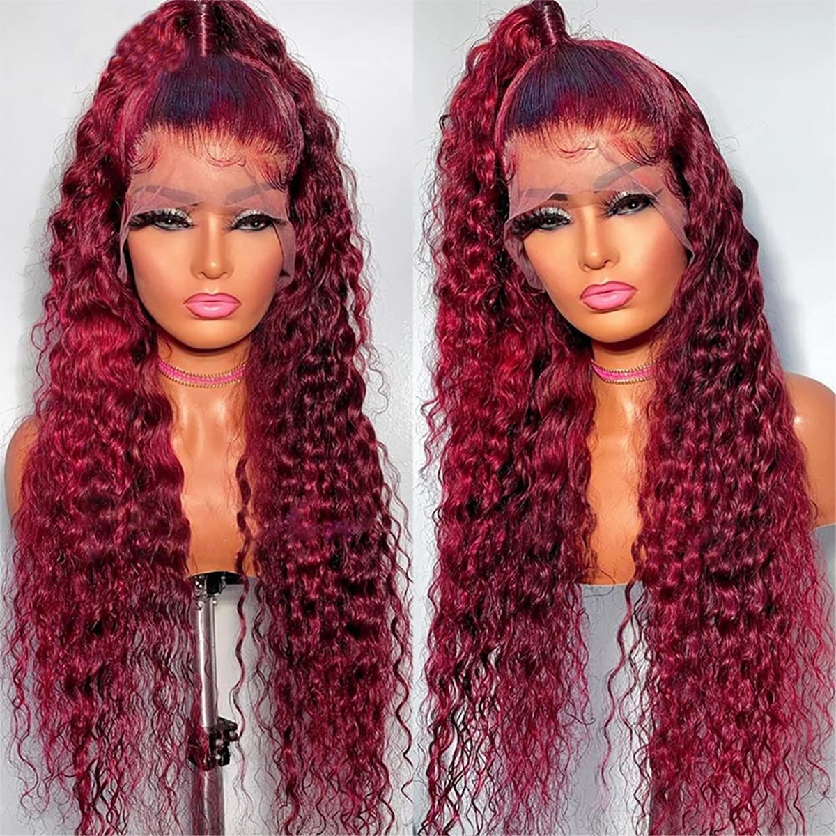 Lace Wig Loose Curly Lace Front Wigs Dark Red Long Water Wave Synthetic Wig