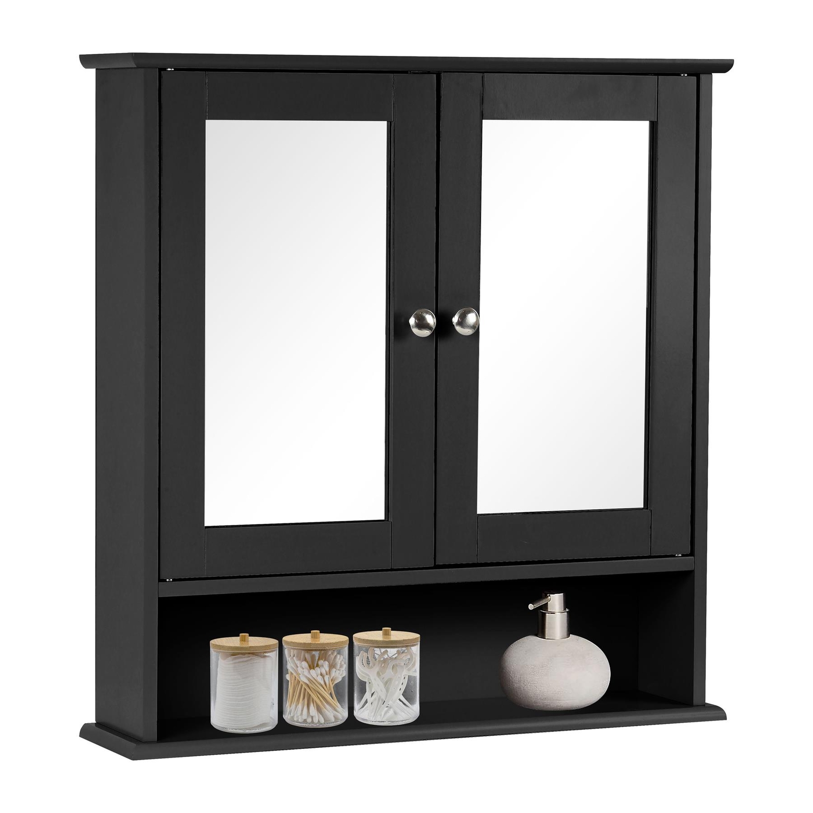 Black Wooden Double Mirror Door Indoor Wall Mountable Bathroom Cabinet Shelf New