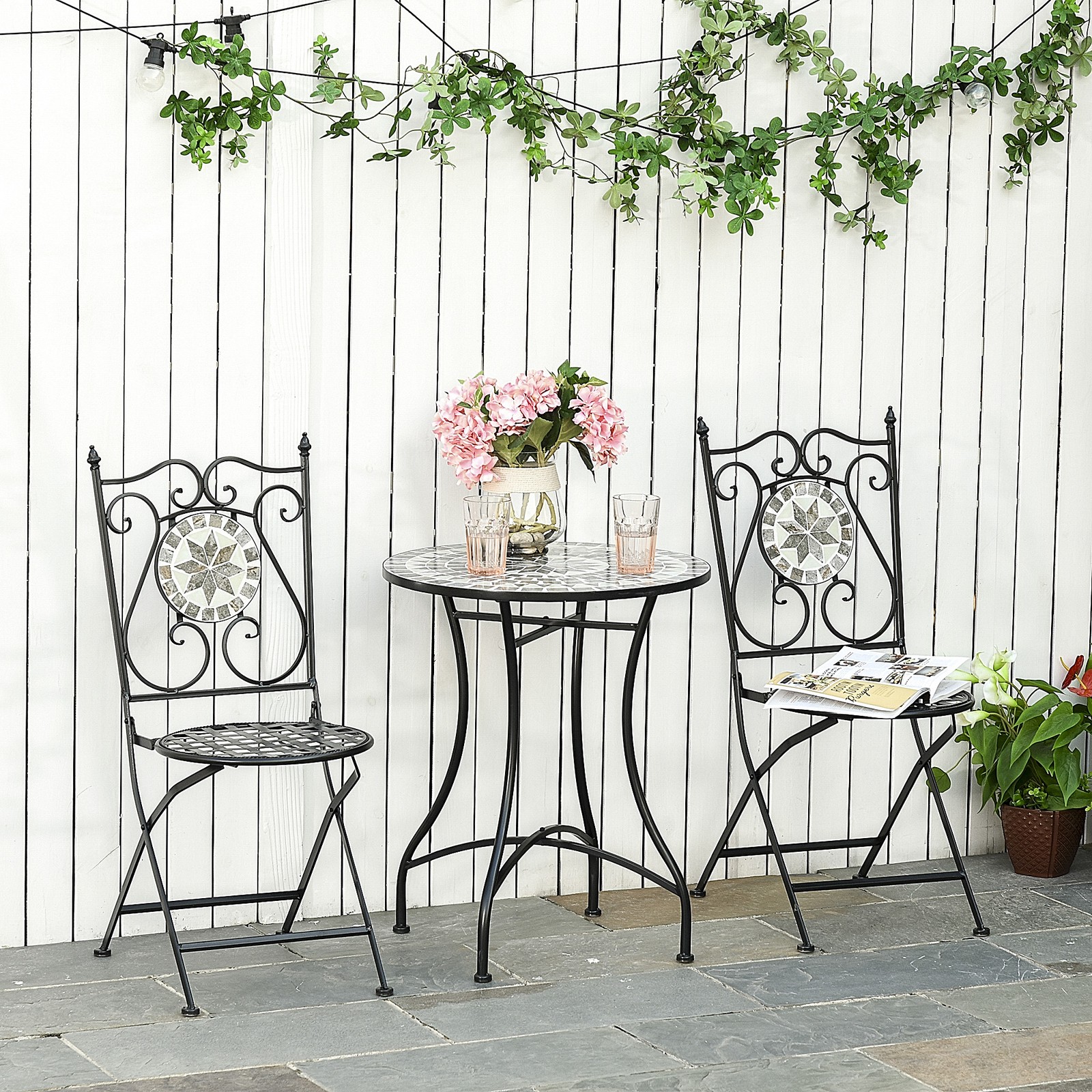3 Pcs Mosaic Tile Garden Bistro Set Outdoor Seating w/ Table 2 Folding Chairs