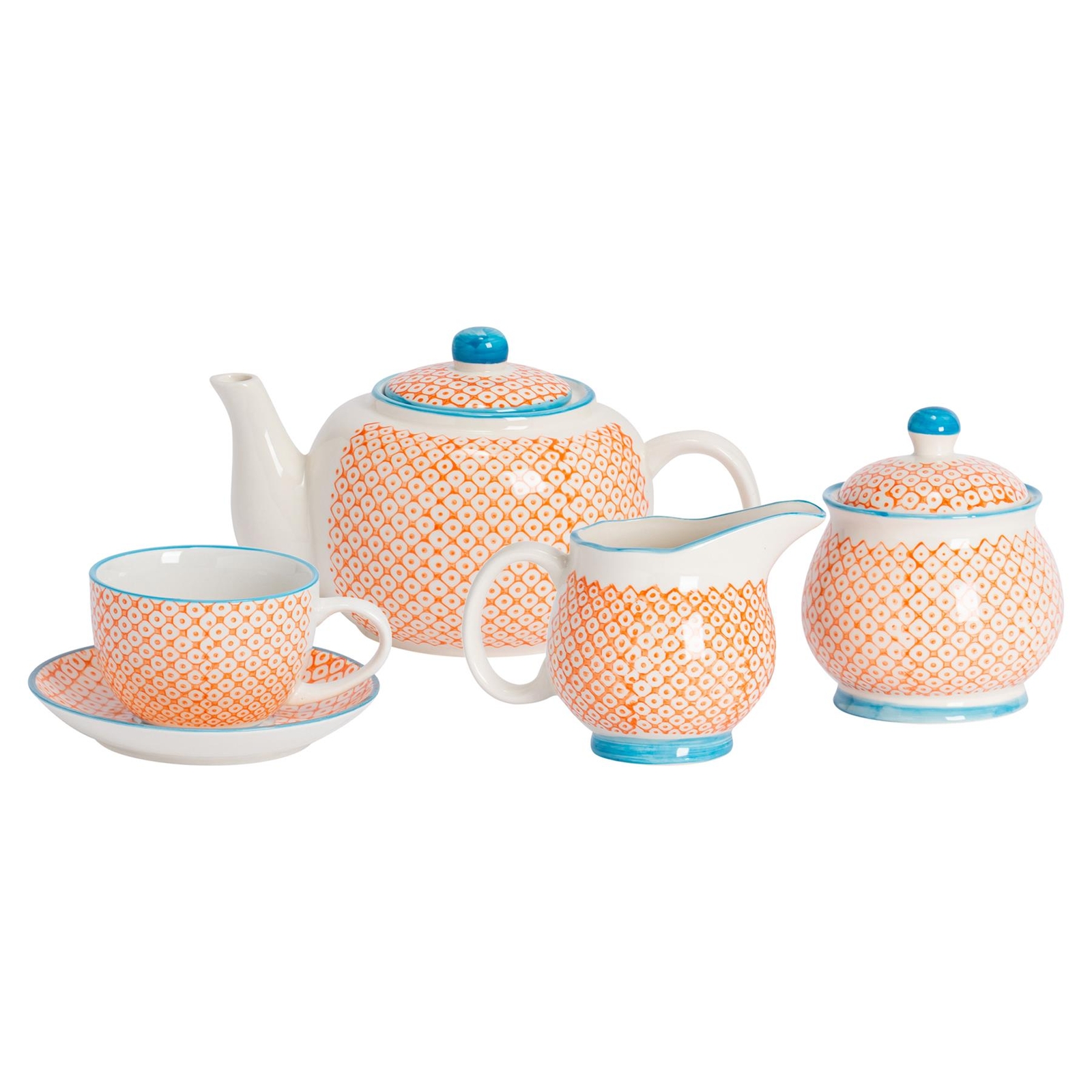 15 Piece Hand-Printed Tea Set Patterned Porcelain Teapot Cups Saucers Orange