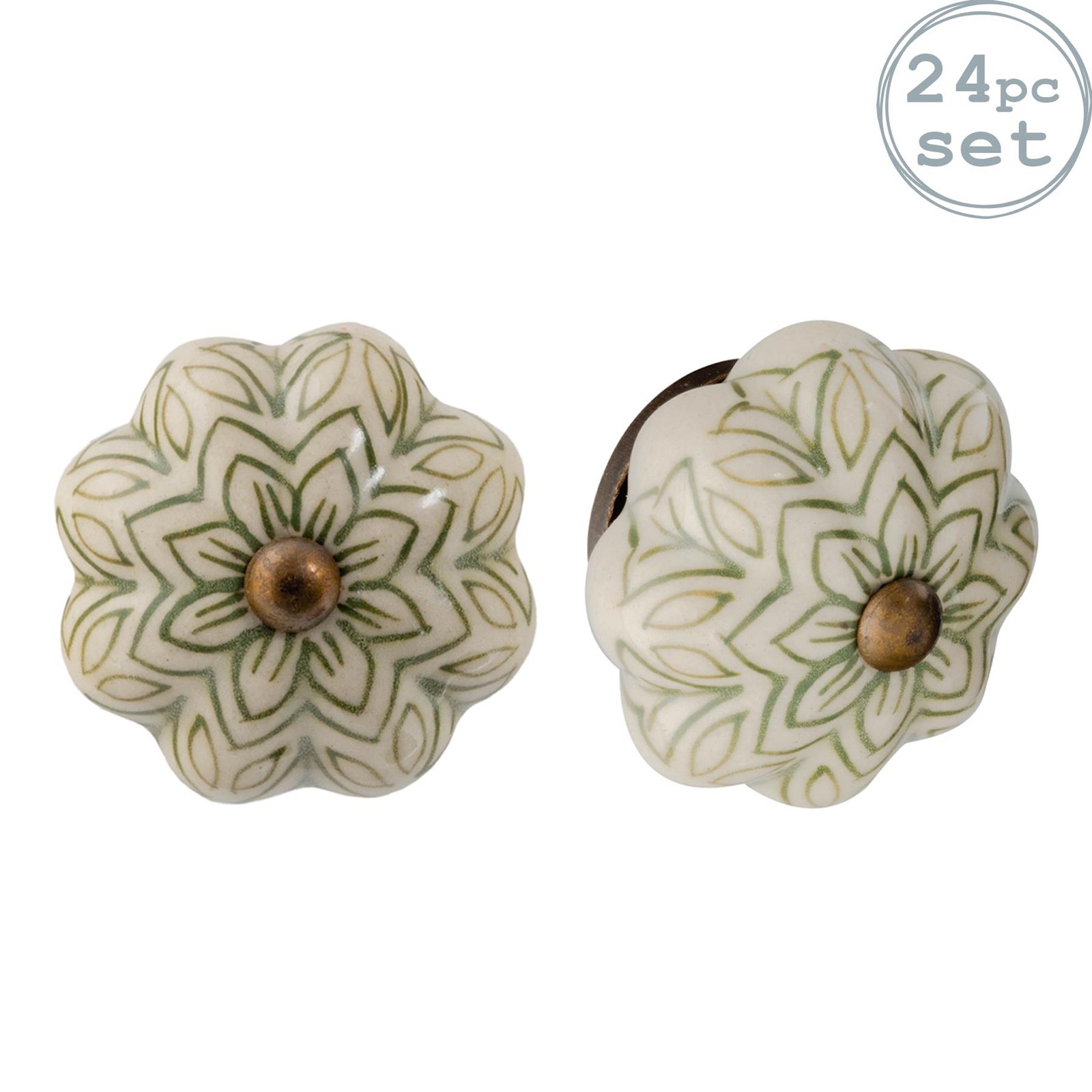 24x Floral Ceramic Cabinet Knobs Cupboard Door Drawer Handles Olive Green