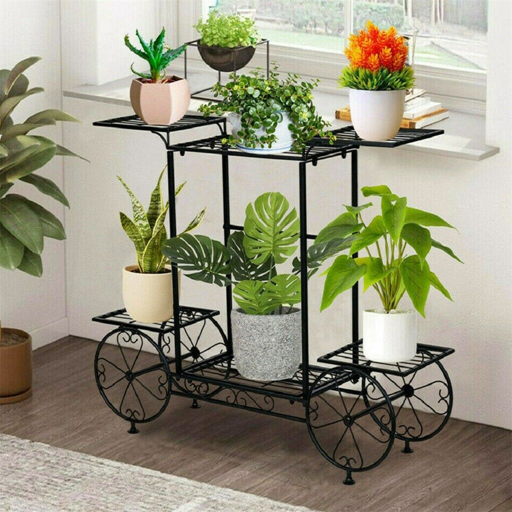 6 Pot Iron Thicken Garden Cart Stand Plant Flower Display Holder Home Yard Decor