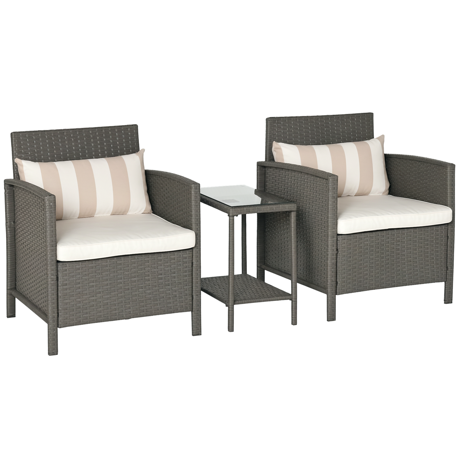 Outsunny 3 PC Outdoor Rattan Sofa Set w/ Chairs Coffee Table Cushion Light Grey