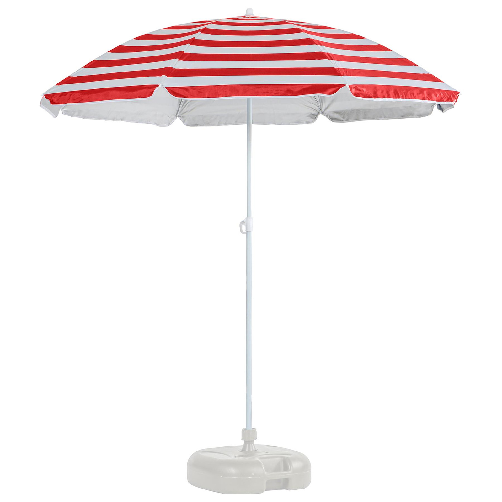 1x Metal Beach Parasol with Base 1.8M x 2M Red Stripe/White UPF50+ Sun Umbrella