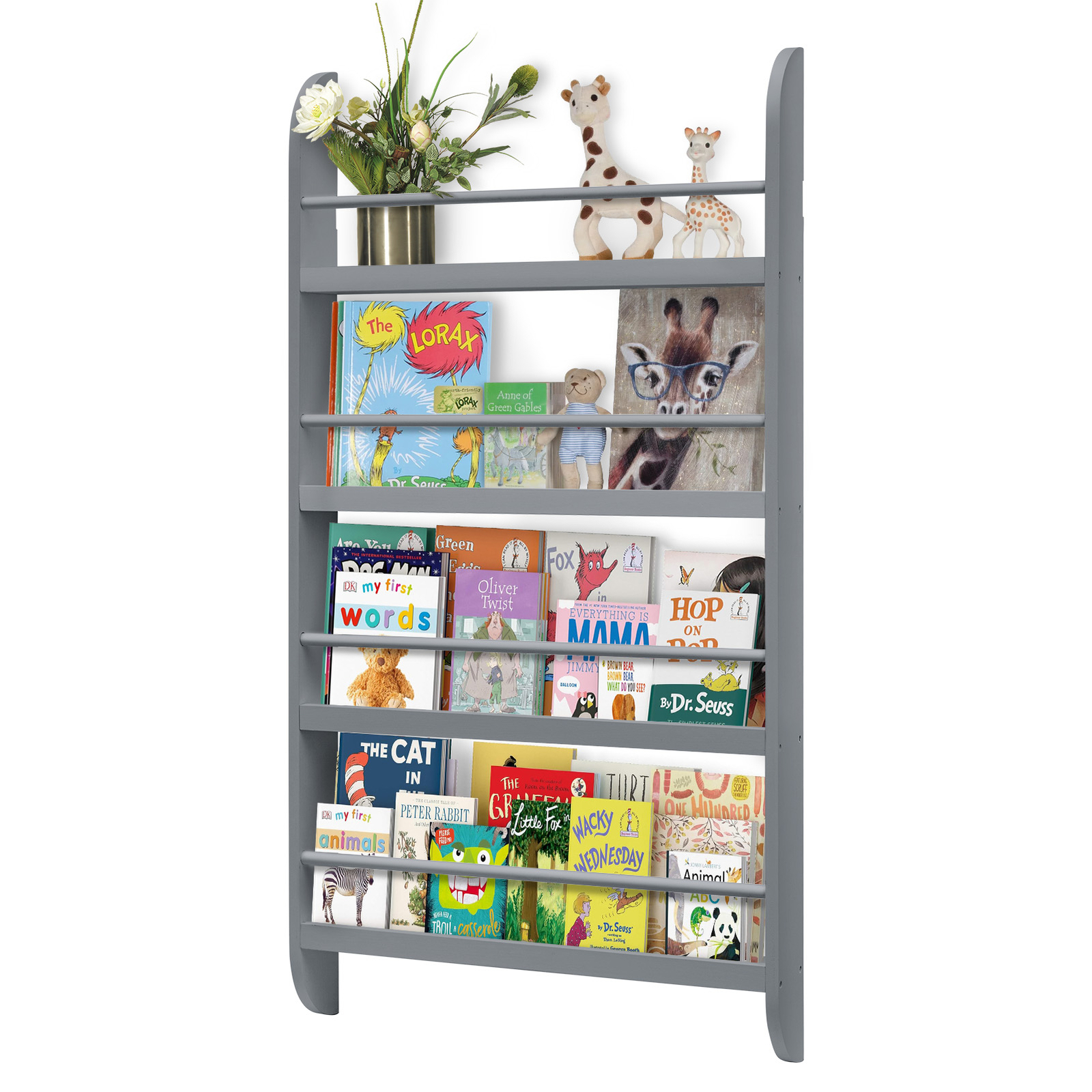 Grey 4-Tier Wall Mounted Children Bookcase Display Bookshelf Storage Unit Rack