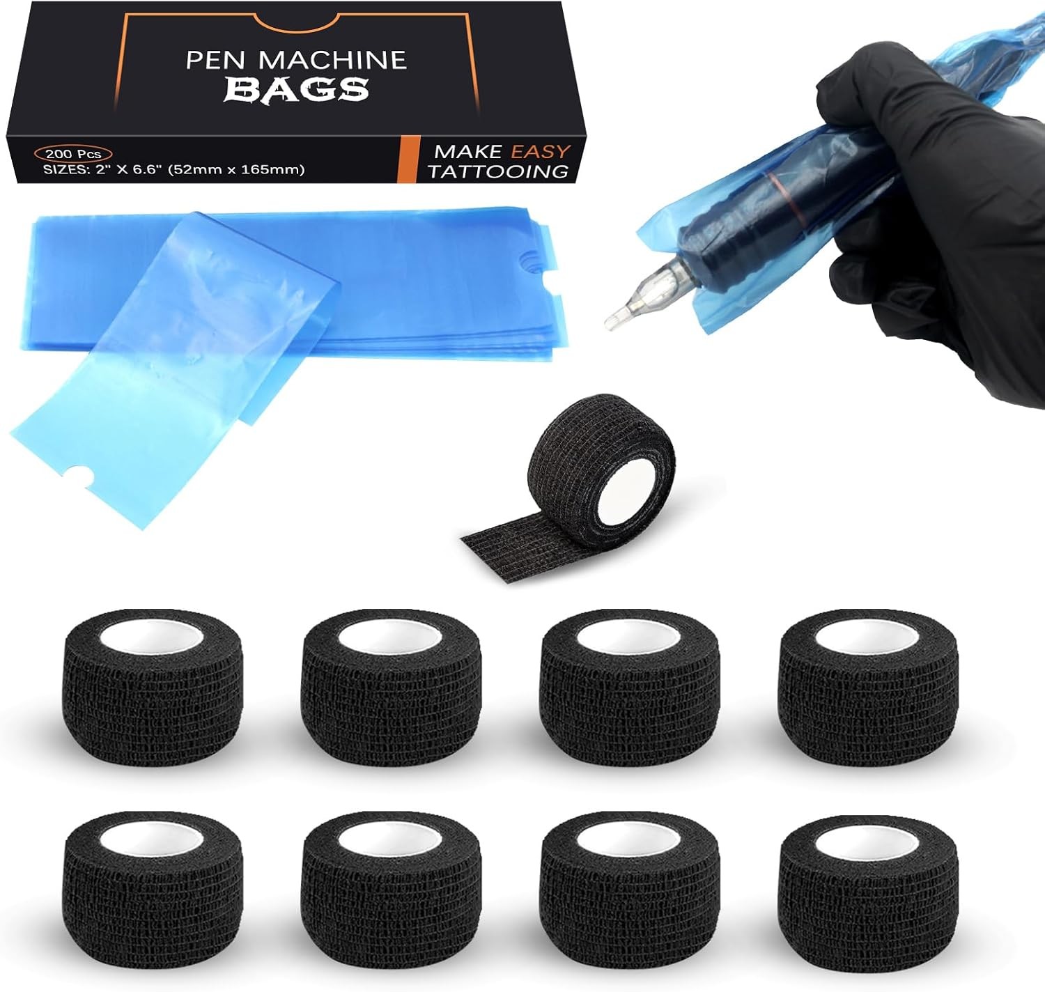 EZ Tattoo Machine Covers with Grip Tapes - 9PCS (1inch x 5 Yard) Black Grip Wra